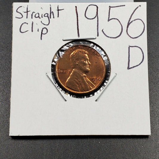 1956 D Lincoln WHEAT Cent Penny Error Coin Straight Clipped Planchet Error UNC