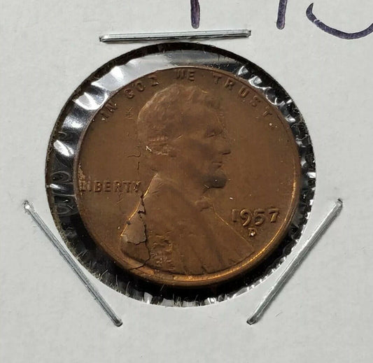 1957 D 1c Lincoln Wheat Cent Penny Coin Planchet Lamination Error