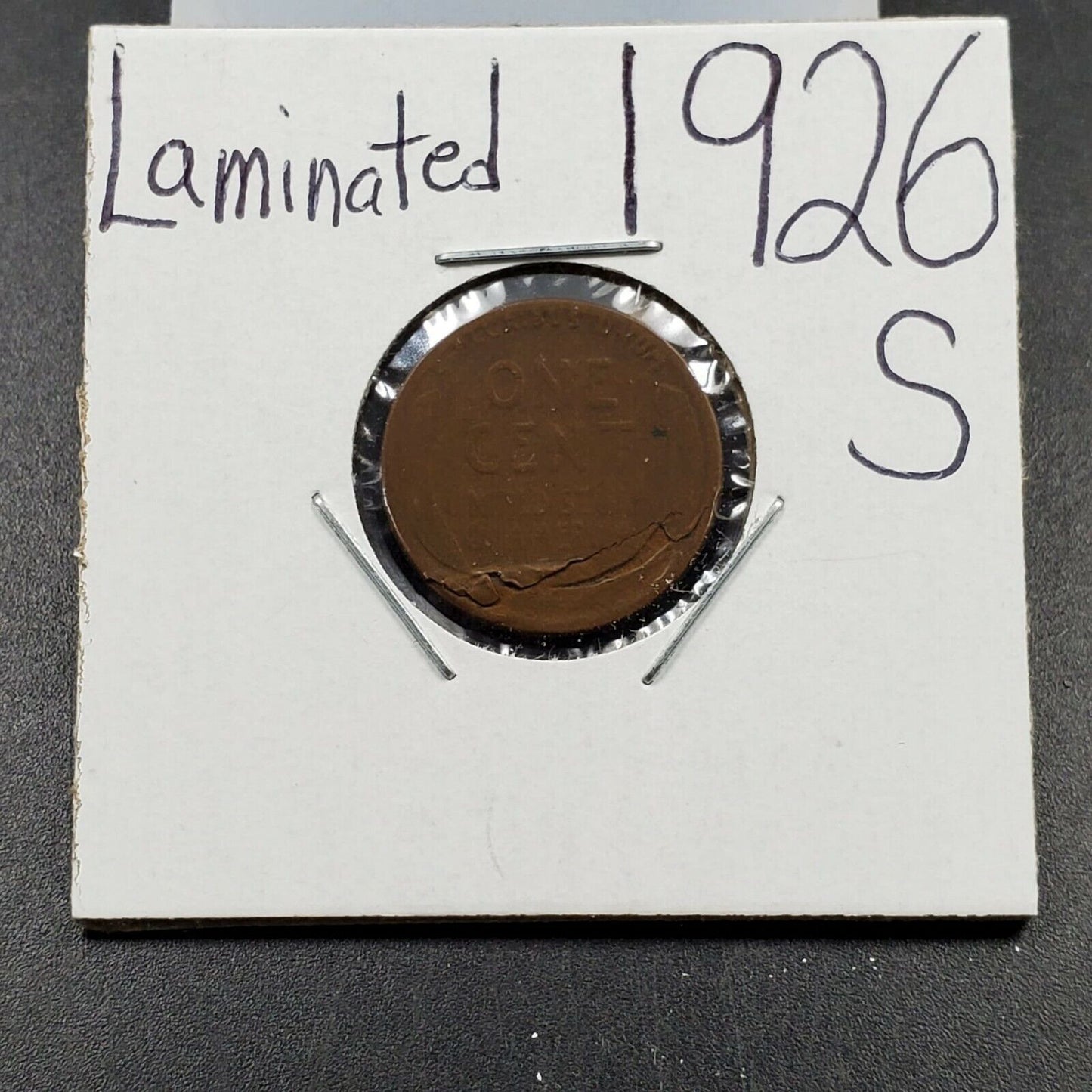 1926 s 1c Lincoln Wheat Cent Penny Coin Laminated Planchet Error