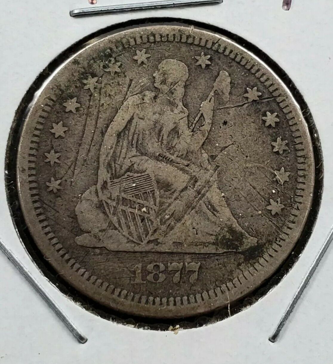 1877 S Seated Liberty Silver Quarter Coin VF Details OBV Scratch Decent Coin