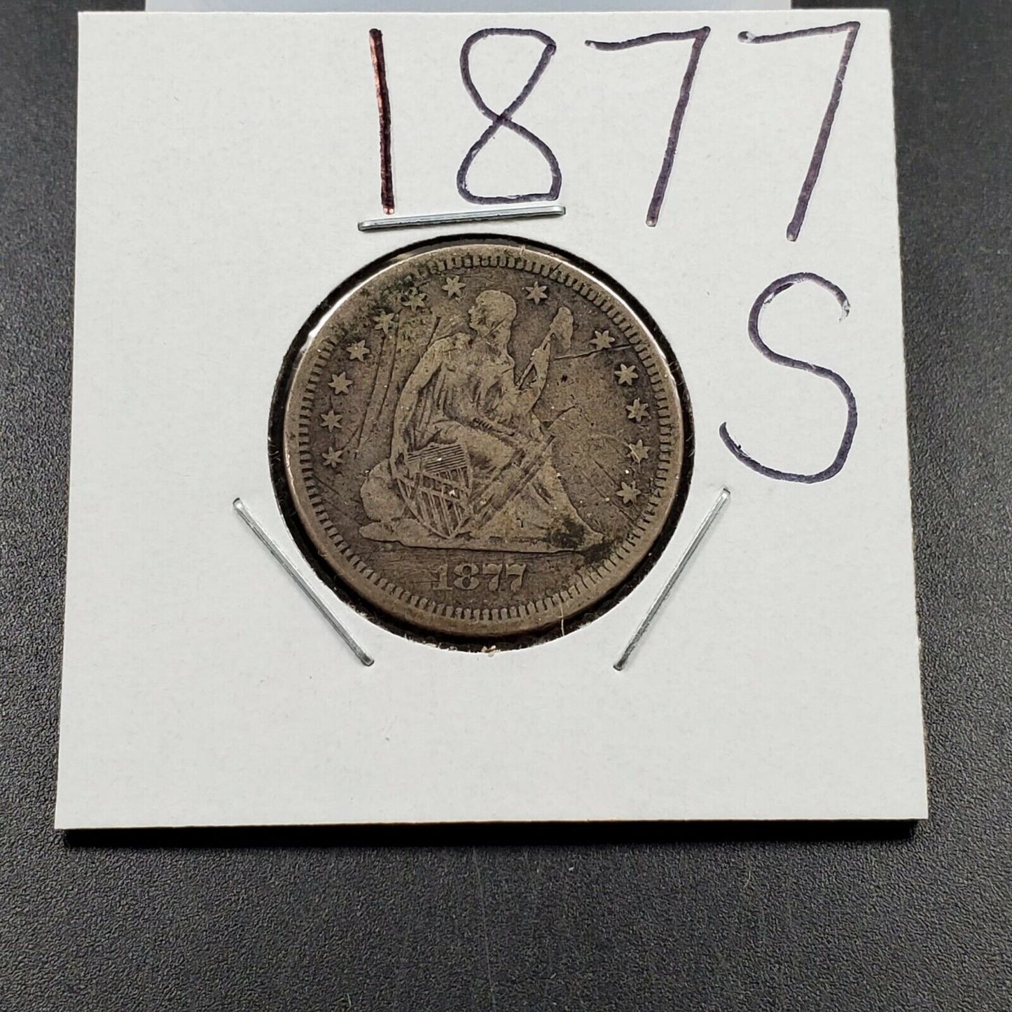 1877 S Seated Liberty Silver Quarter Coin VF Details OBV Scratch Decent Coin