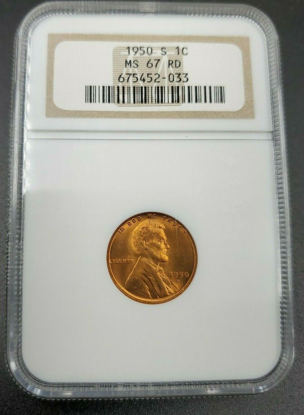 1950 S Lincoln Wheat Cent Penny Coin MS67 NGC Red RD ANA Brown Label Case Gem BU