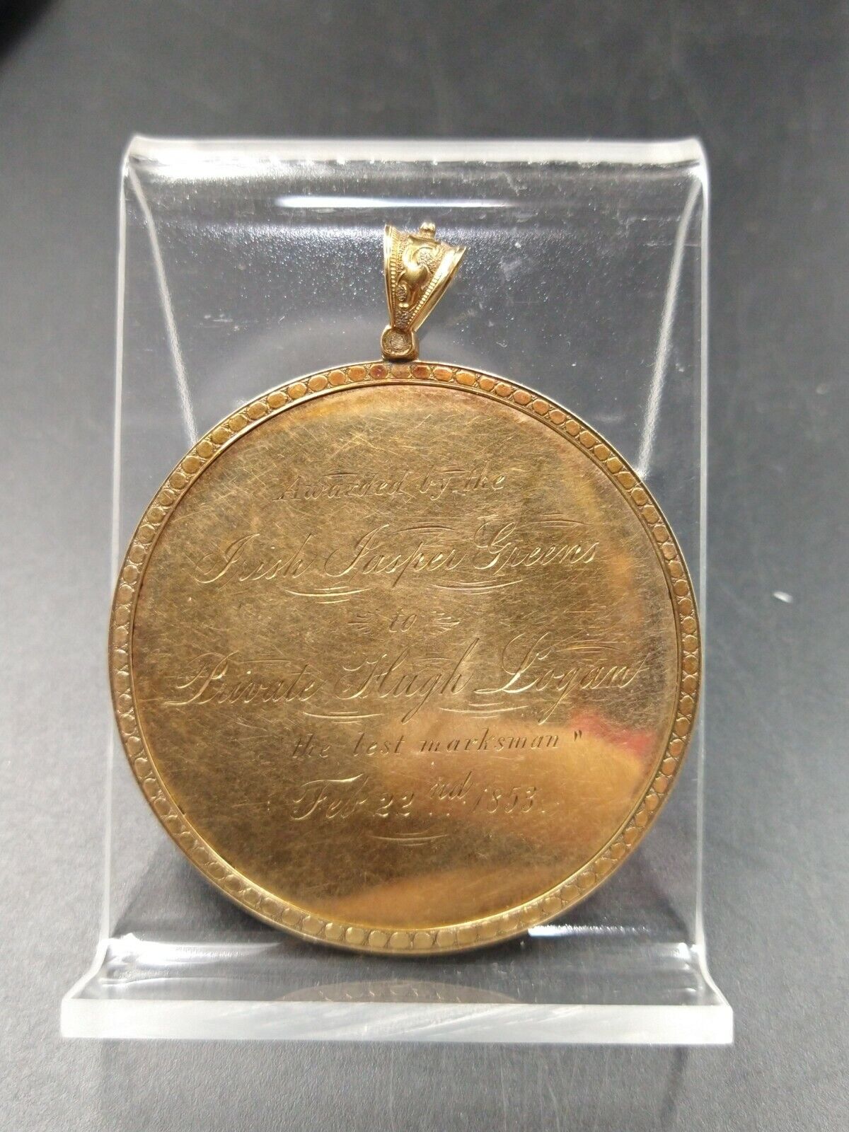 Irish Jasper Greens 1853 Best Marksman Sharpshooter 14k Solid Gold Medal Civil