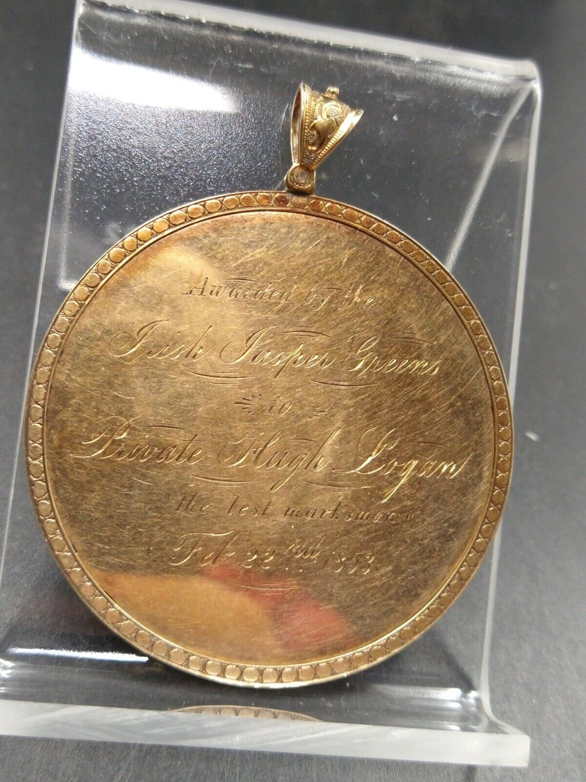 Irish Jasper Greens 1853 Best Marksman Sharpshooter 14k Solid Gold Medal Civil