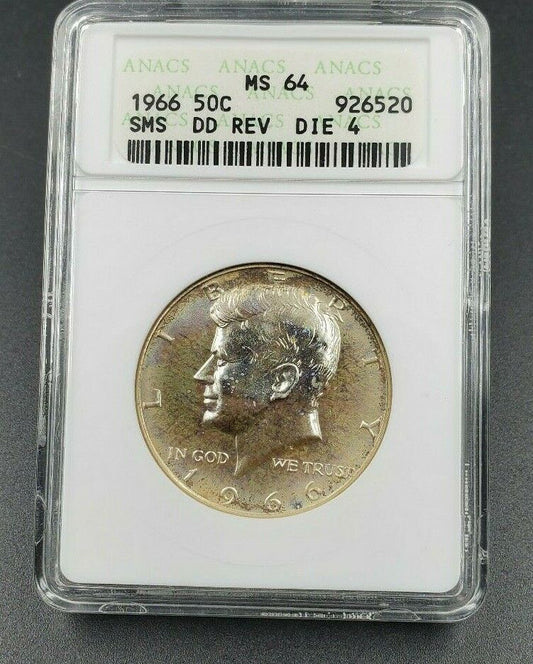 1966 SMS Kennedy HALF DOLLAR 50c ANACS MS64 DDR PQ * Rainbow Obverse Toning Tone