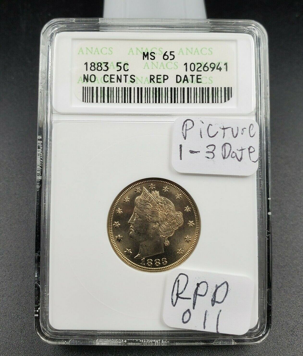 1883 No Cents Liberty V Nickel Variety Coin ANACS MS65 RPD 010 Repunched Date 10