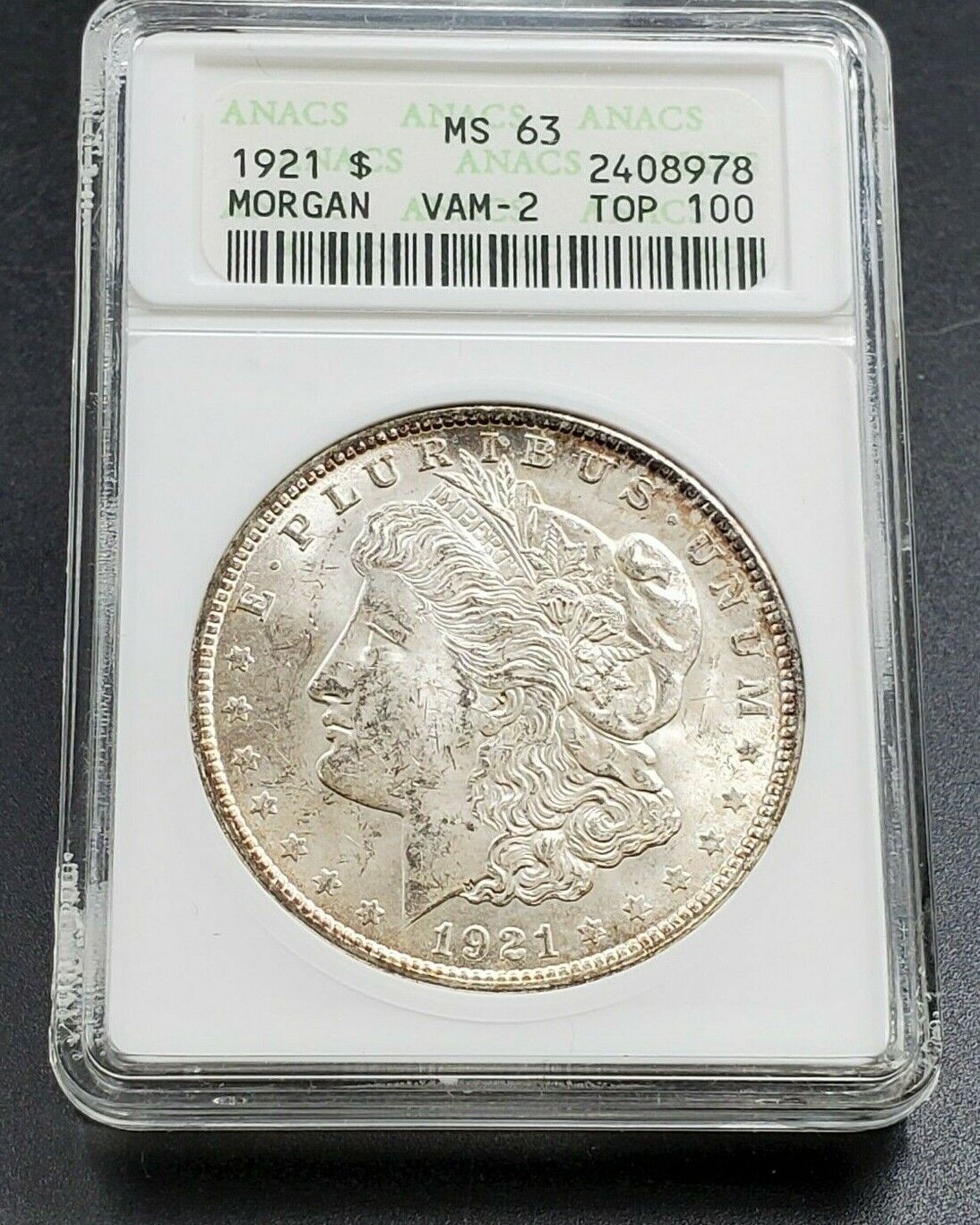 1921 p Morgan Silver Dollar Variety Coin ANACS MS63 VAM-2 CONECA TOP100 Label
