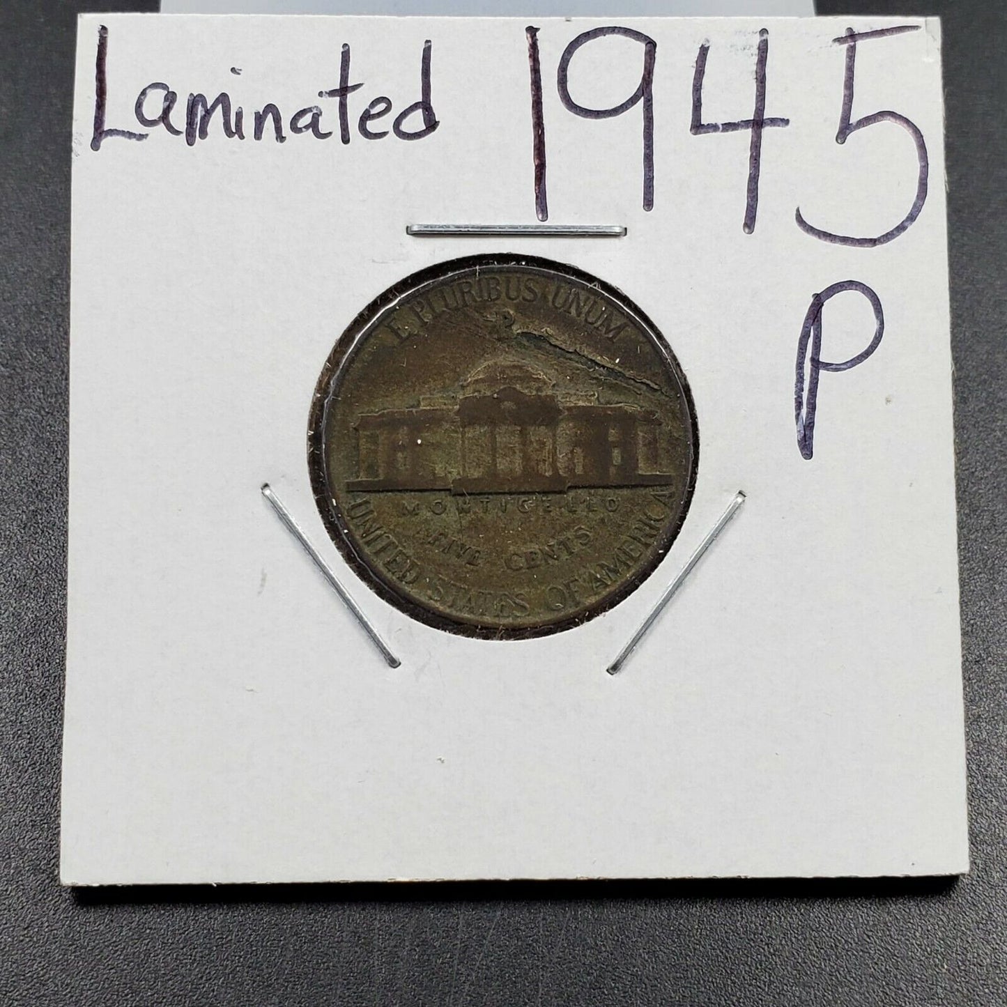 1945 P Type 2 Jefferson Silver WW2 Era Nickel OBV&REV Laminated Planchet Error