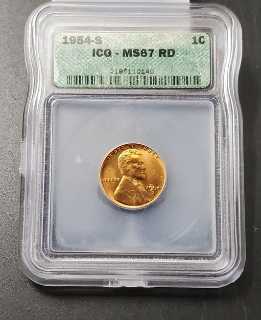 1954 S Lincoln Wheat Cent Penny Coin ICG MS67 RED RD Gem BU San Francisco