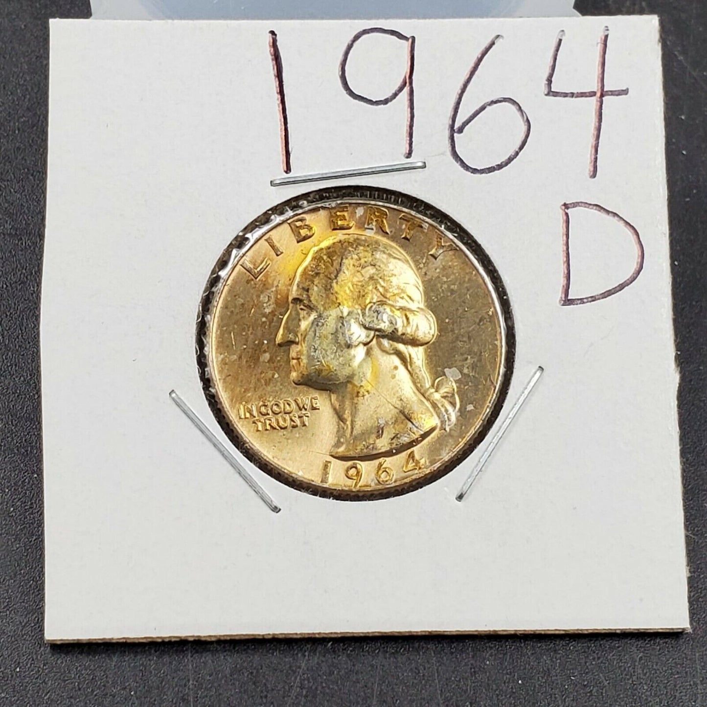 1964 D Washington Silver Quarter Coin BU UNC PQ GOLD AMBER TONING OBV & REV