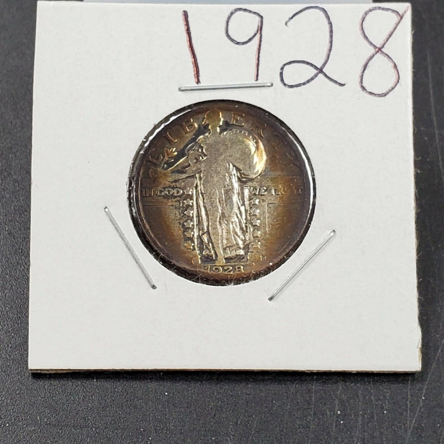 1928 25c Standing Liberty Silver Quarter Coin Circulated Neat Toning Toner