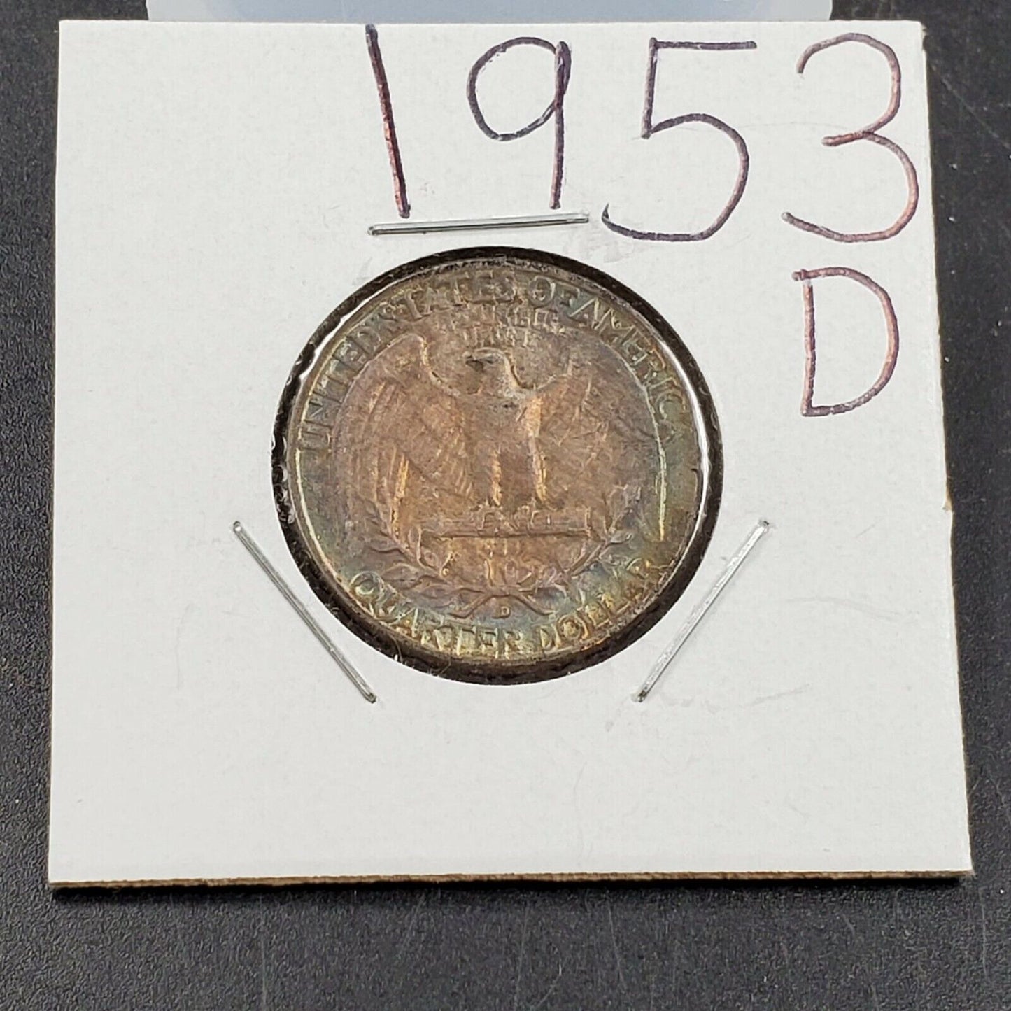 1953 D 25C Washington Quarter Silver Coin AU Circulated Reverse PQ Rainbow Tone
