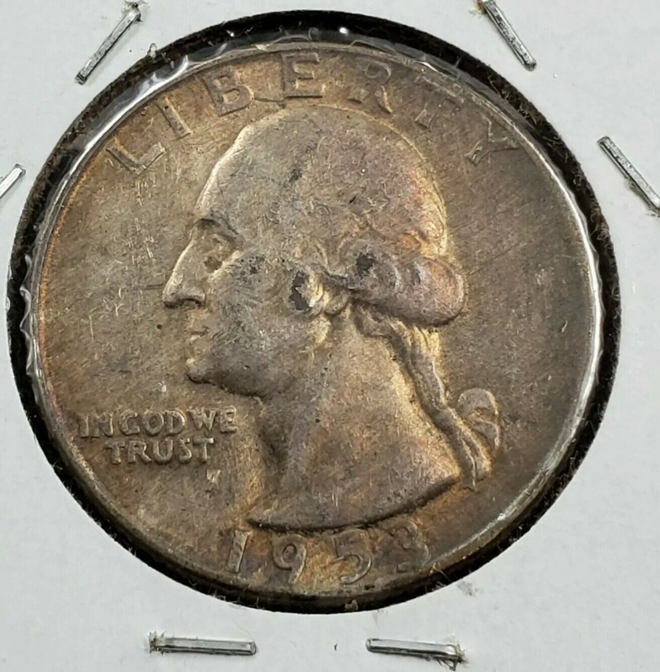 1953 D 25C Washington Quarter Silver Coin AU Circulated Reverse PQ Rainbow Tone