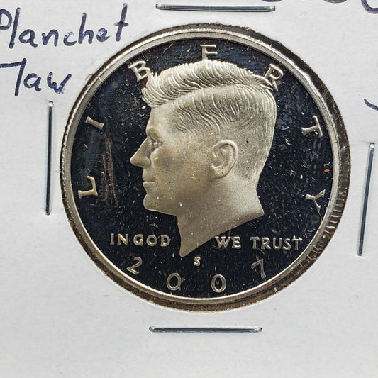 2007 S Silver Kennedy Half Dollar Coin Laminated String Planchet Flaw Obverse