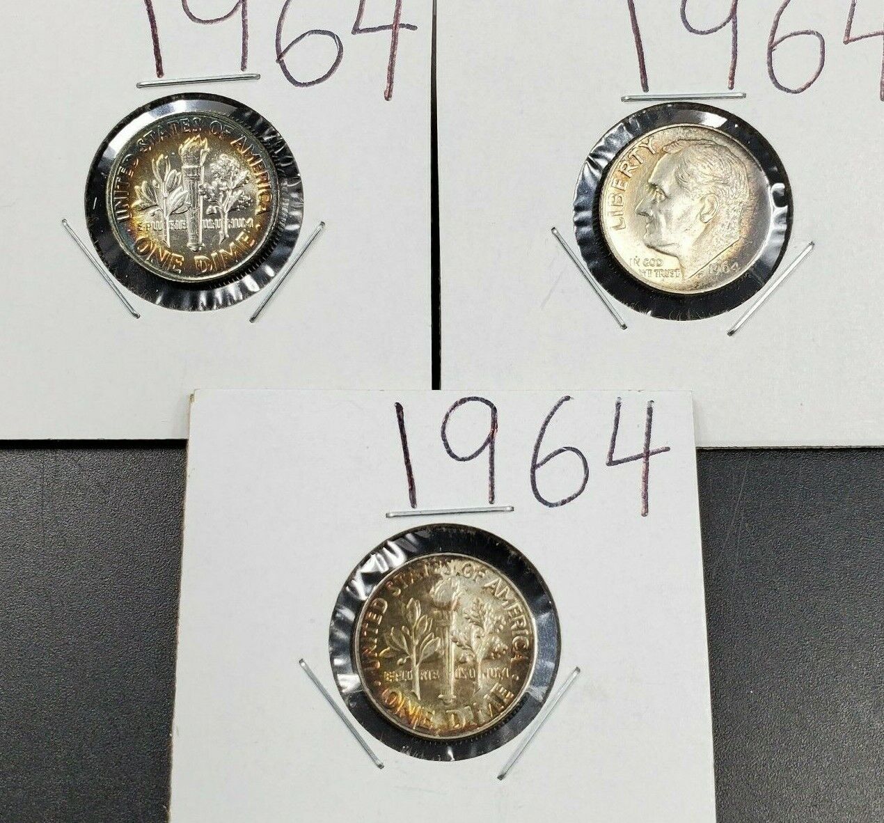 Toner Trio 3 PQ Rainbow toned 1964 Roosevelt Silver Dime Coins AU-GEM BU