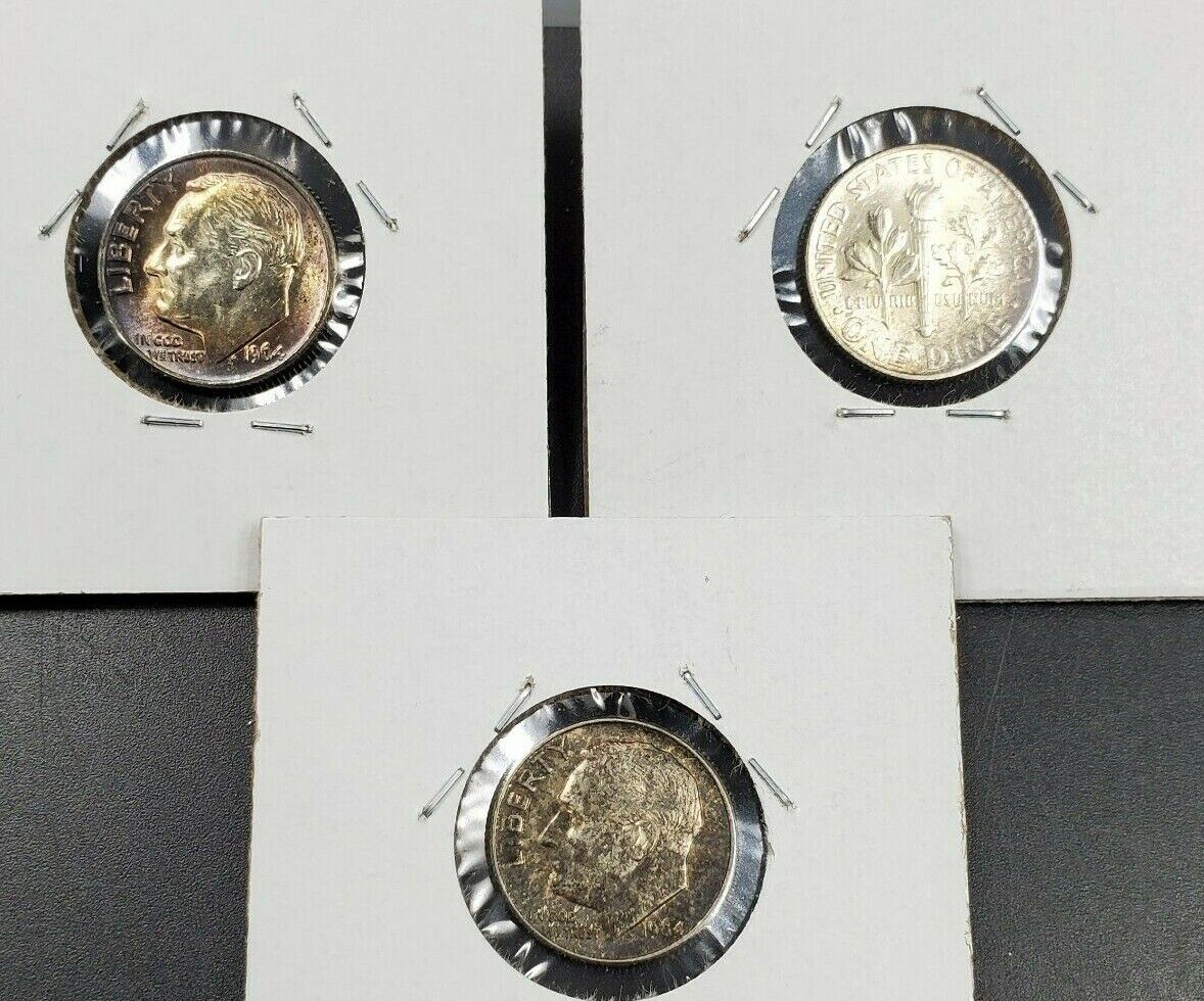 Toner Trio 3 PQ Rainbow toned 1964 Roosevelt Silver Dime Coins AU-GEM BU