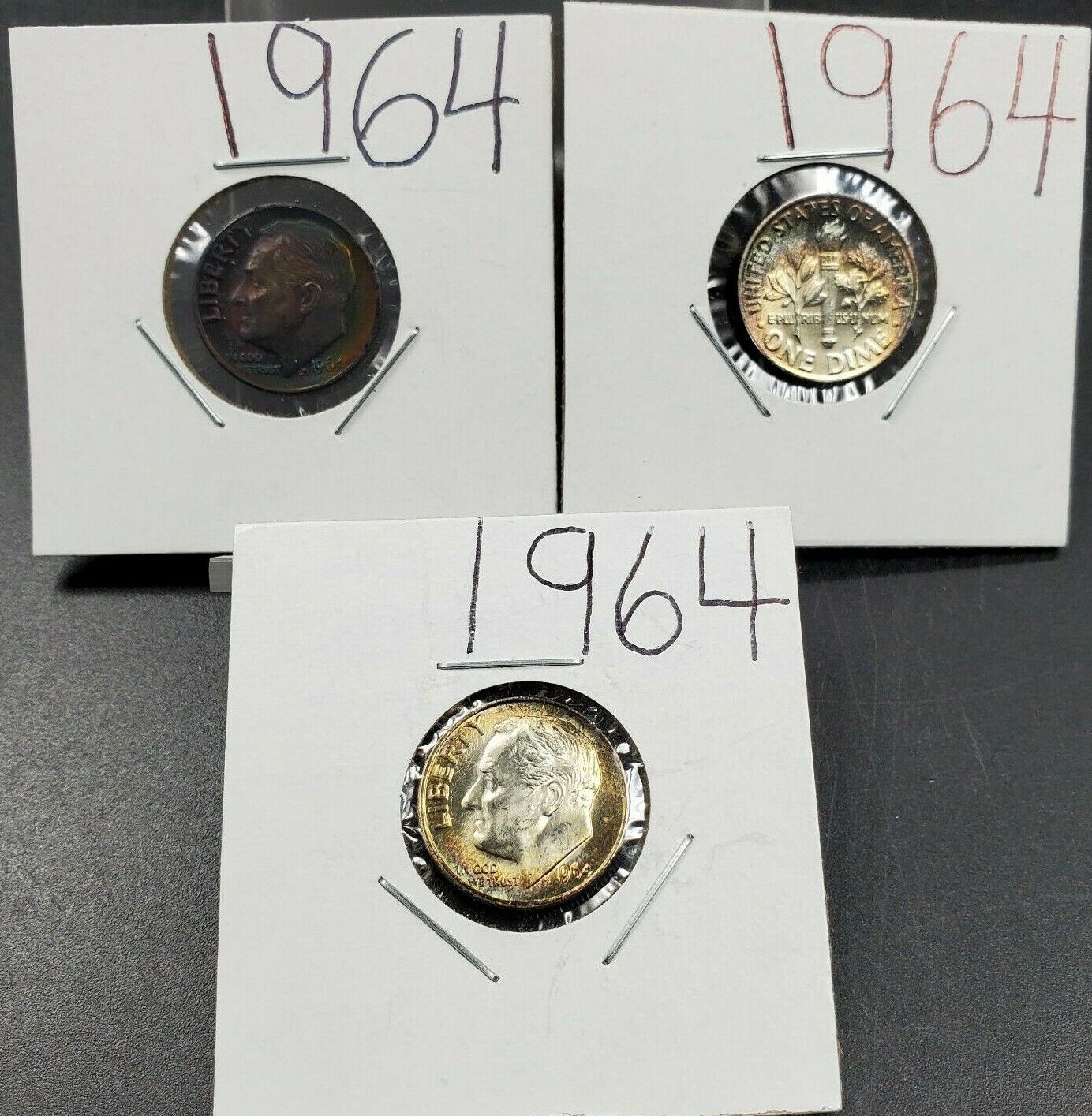 Toner Trio 3 PQ Rainbow toned 1964 Roosevelt Silver Dime Coins AU-CH BU