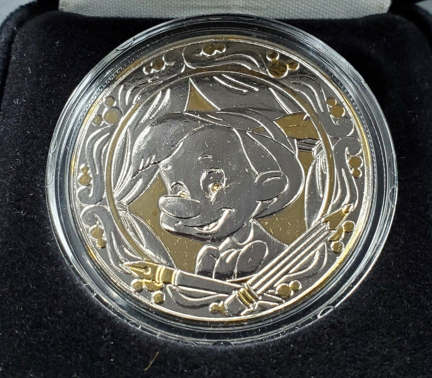 PINOCCHIO WALT DISNEY WORLD ARTIST COLLECTION NICKEL SILVER 24KT GOLD COIN CASE