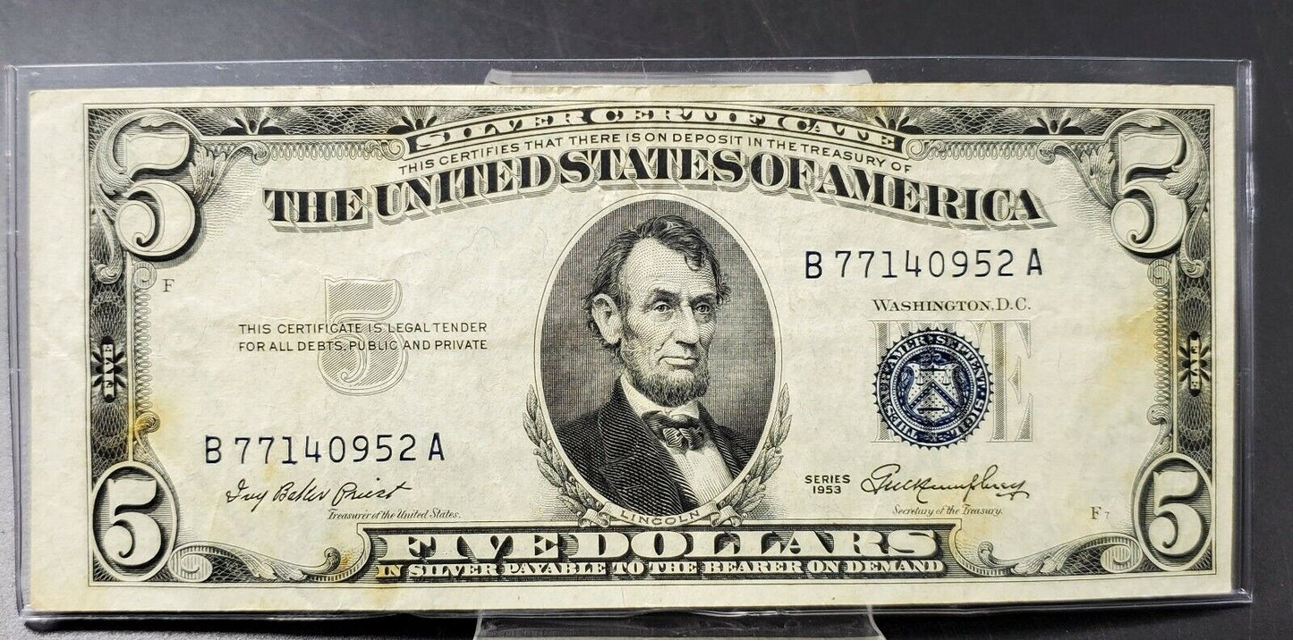 1953 $5 Silver Certificate Blue Seal US Currency Bill CIRCULATED Neat Serial #