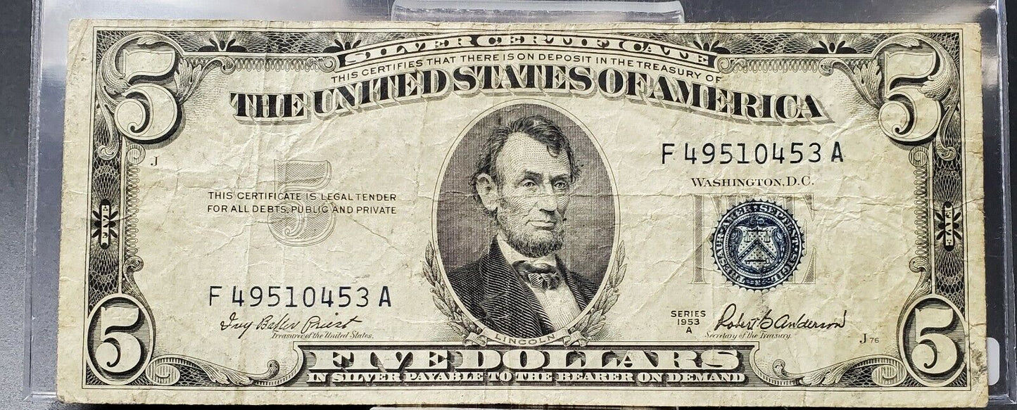 1953 A $5 Silver Certificate Blue Seal US Currency Bill AVG CIRC Neat Serial #