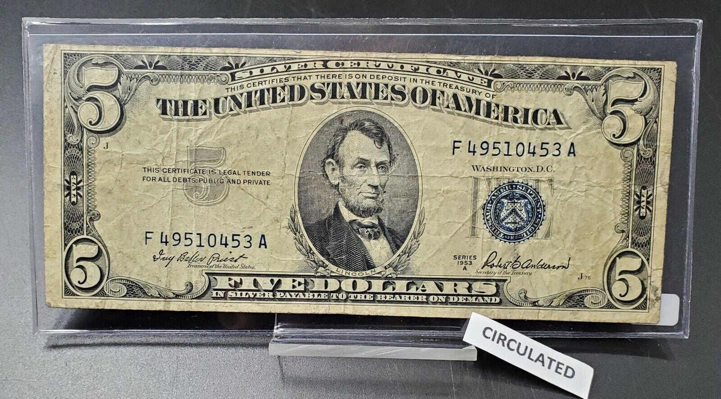 1953 A $5 Silver Certificate Blue Seal US Currency Bill AVG CIRC Neat Serial #