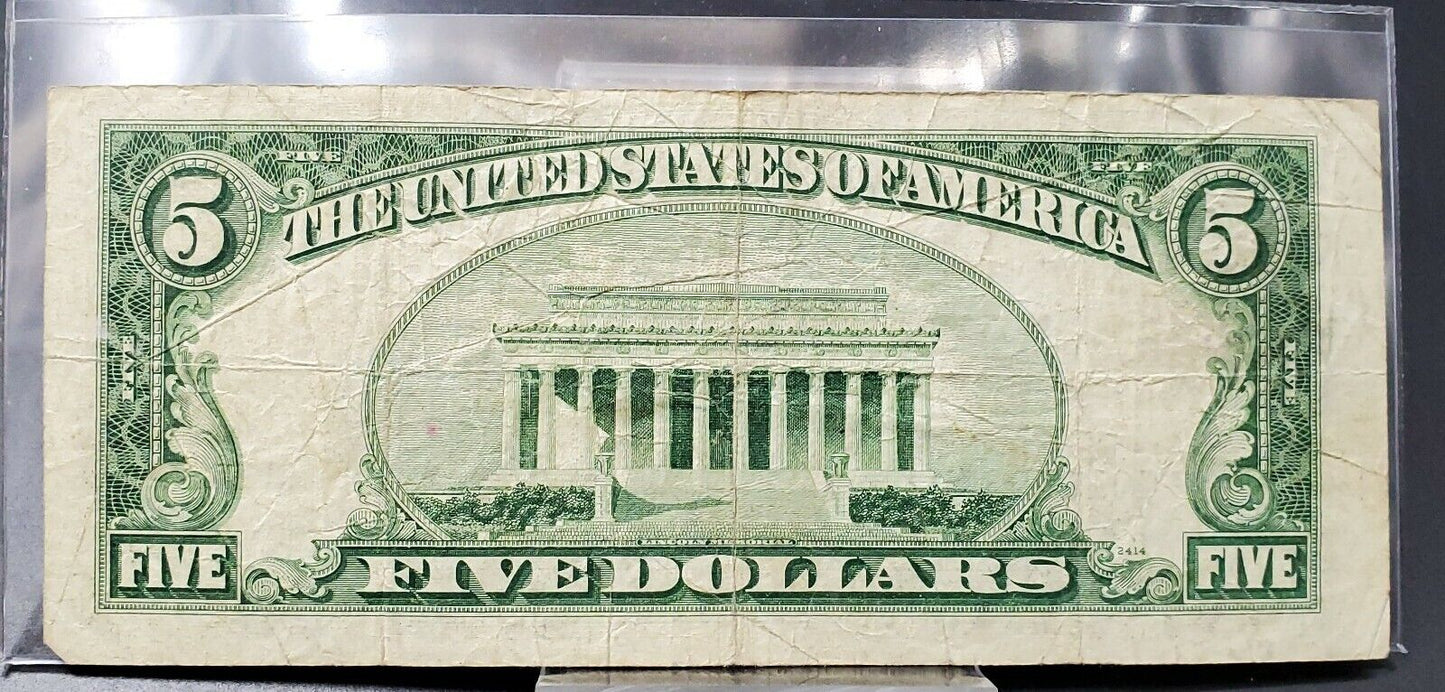 1953 A $5 Silver Certificate Blue Seal US Currency Bill AVG CIRC Neat Serial # 2