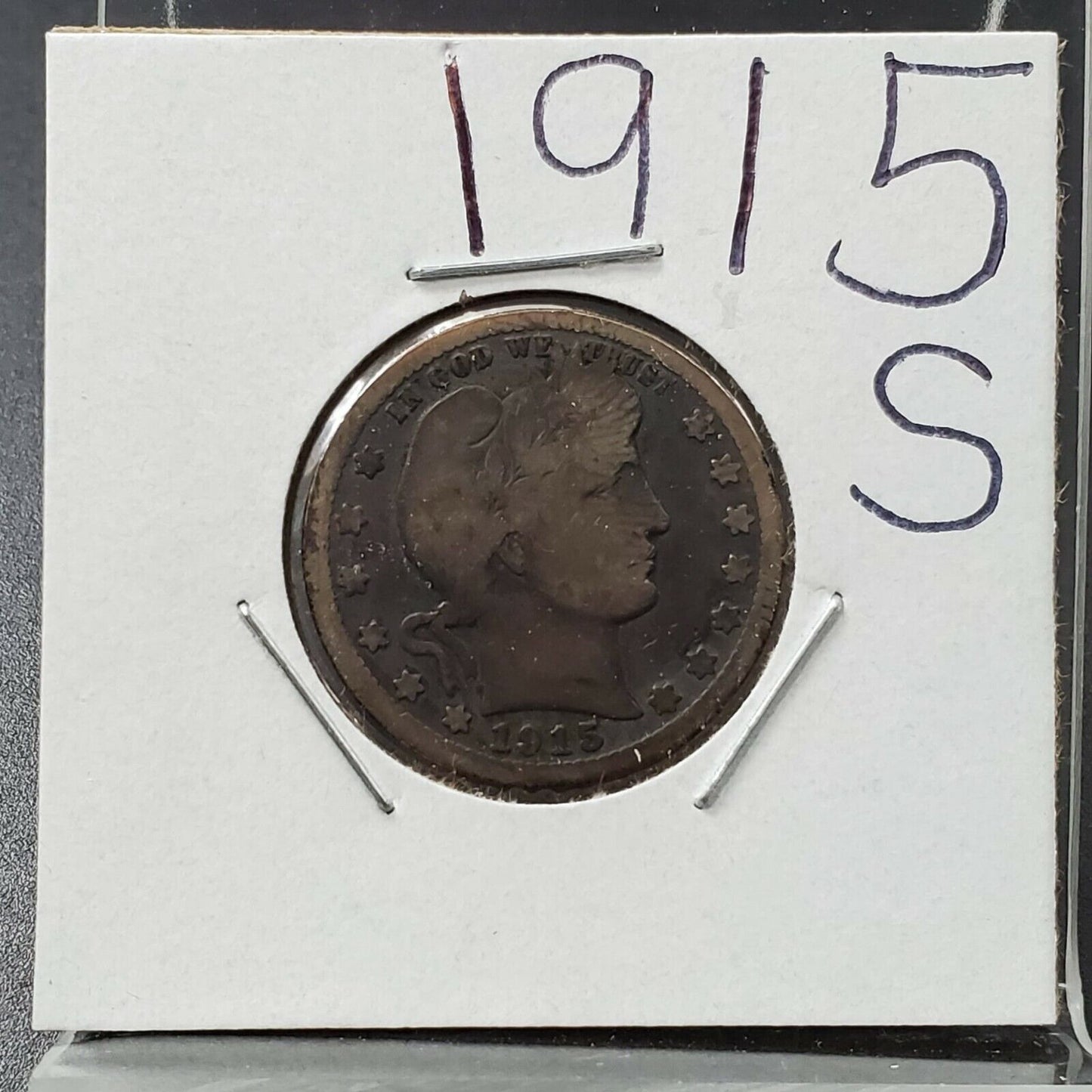 1915 S Barber Silver Quarter Coin Average VG Circulated Toned