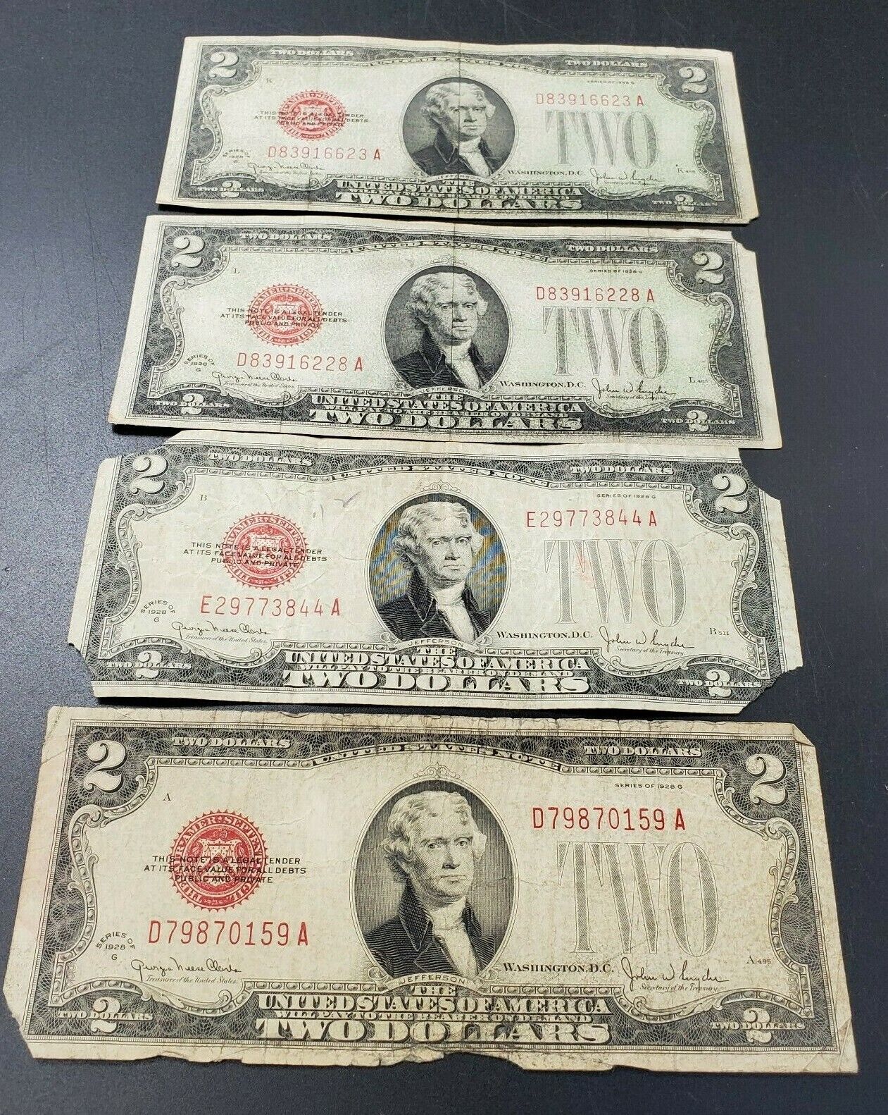 4 NOTE Estate Currency Lot 1928 $2 Legal Tender Tinder Red Seal Bills Very Circ