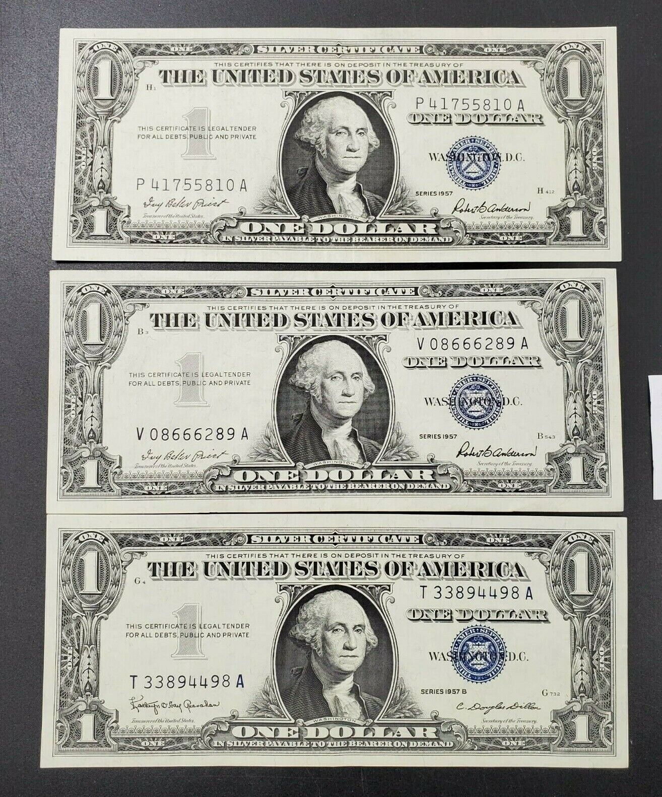 Lot of 3 VF+ 1957 $1 Silver Certificate US Note Bill Repeat SERIAL #s Numbers