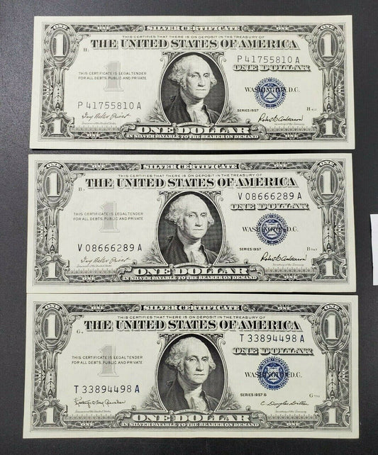 Lot of 3 VF+ 1957 $1 Silver Certificate US Note Bill Repeat SERIAL #s Numbers
