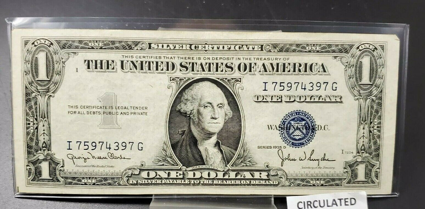 1935 D $1 Silver Certificate Narrow Margin Variety VF VERY FINE BLUE SEAL BILL