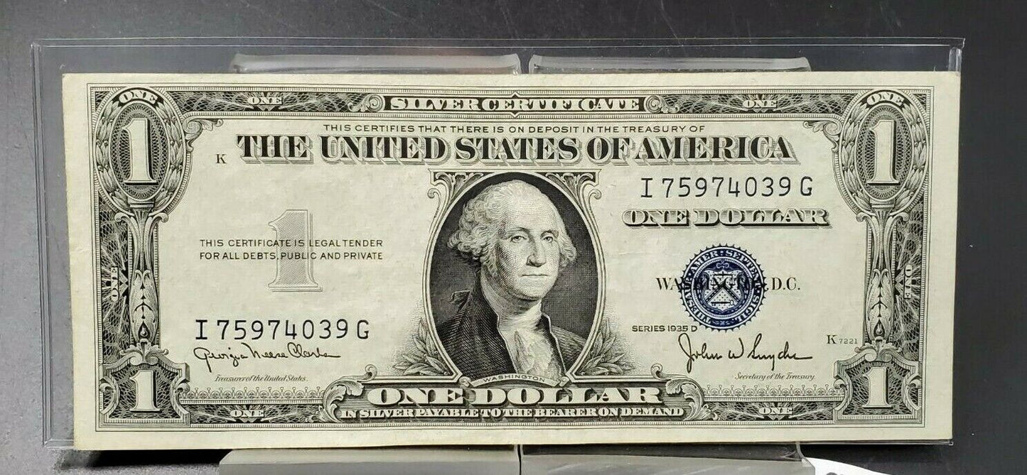 1935 D $1 Silver Certificate Narrow Margin Blue Seal VF / XF US Currency Note