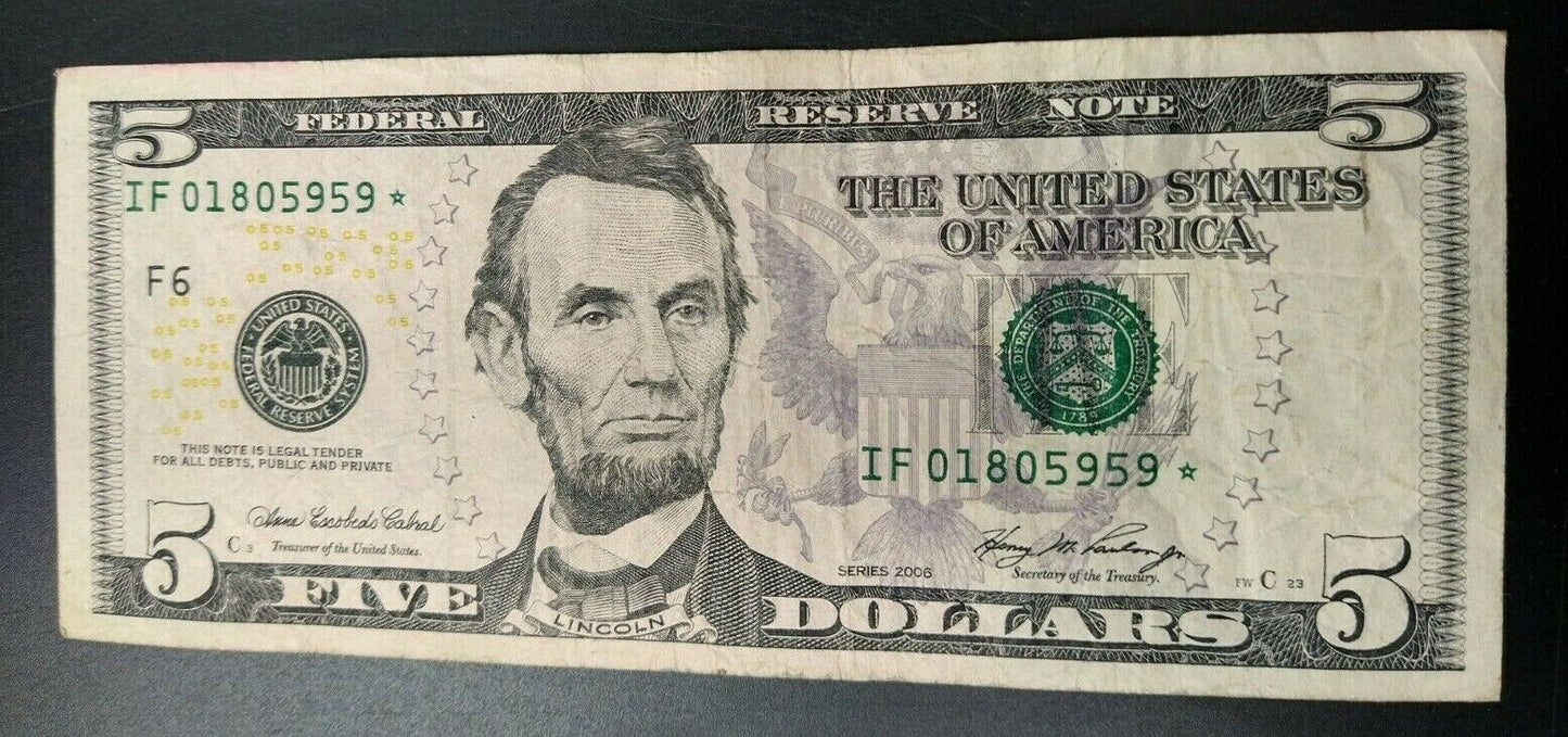 2006 $5 FRN Federal Reserve Star Note Repeat 5959 Serial # Circulated