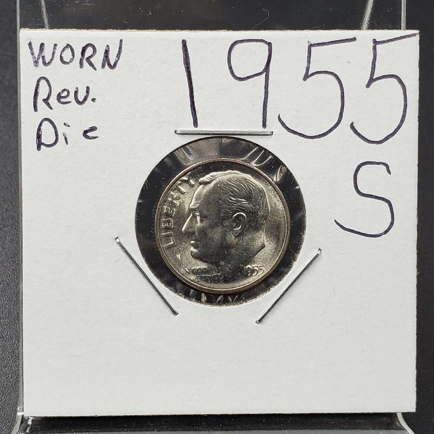 1955 S Roosevelt Silver Dime Coin Struck by Very Worn Die Error Variety