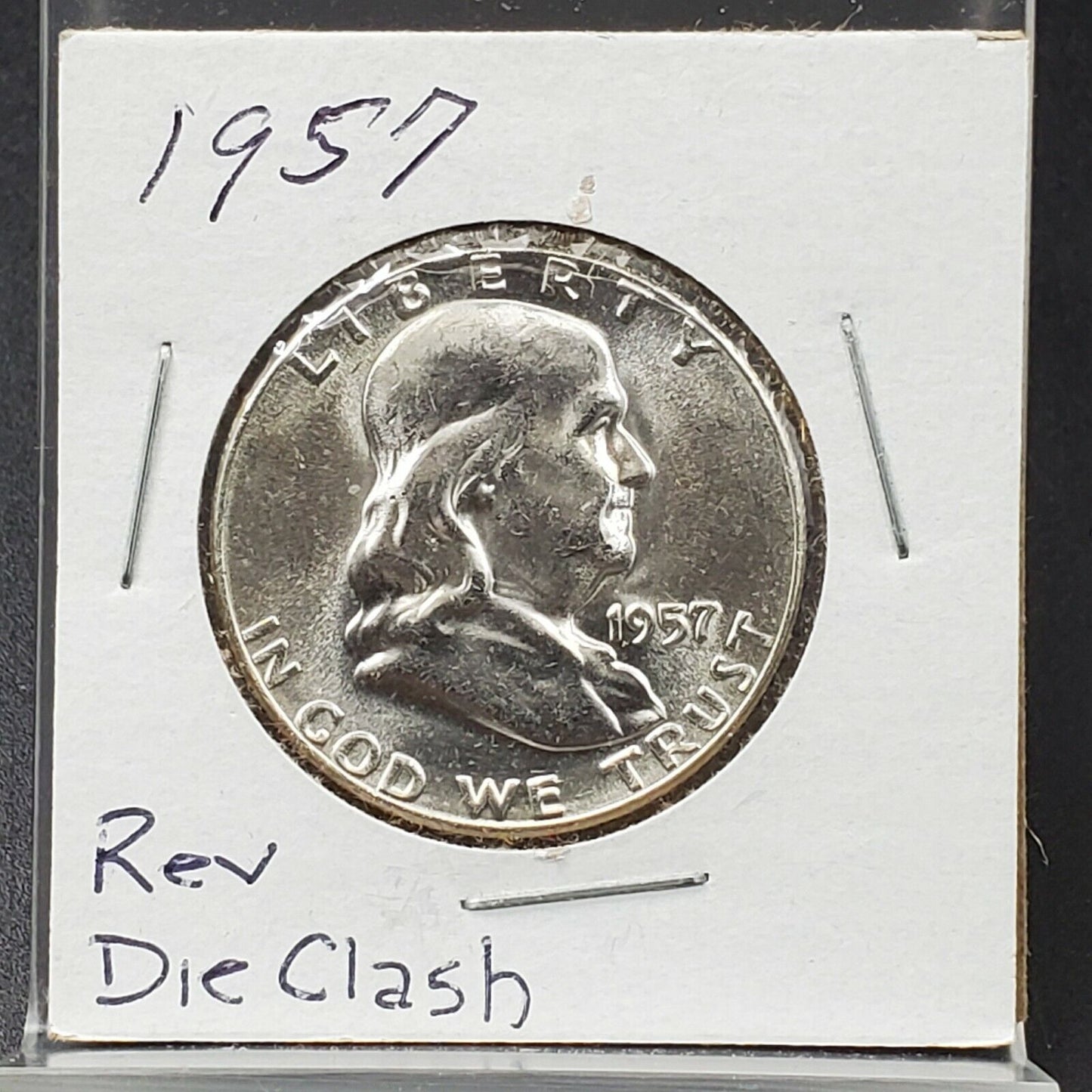 1957 P Franklin Silver 90% Half Dollar Coin Gem BU UNC Major Die Clash Error REV