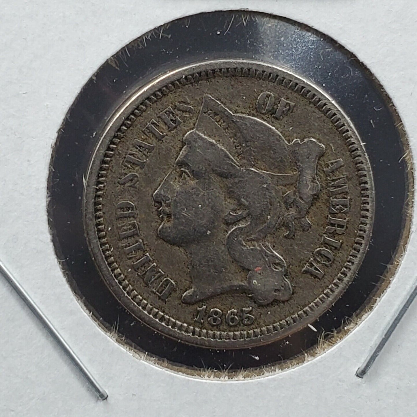 1865 3c Liberty Three Cent Nickel Coin Choice VG Very Good / Fine