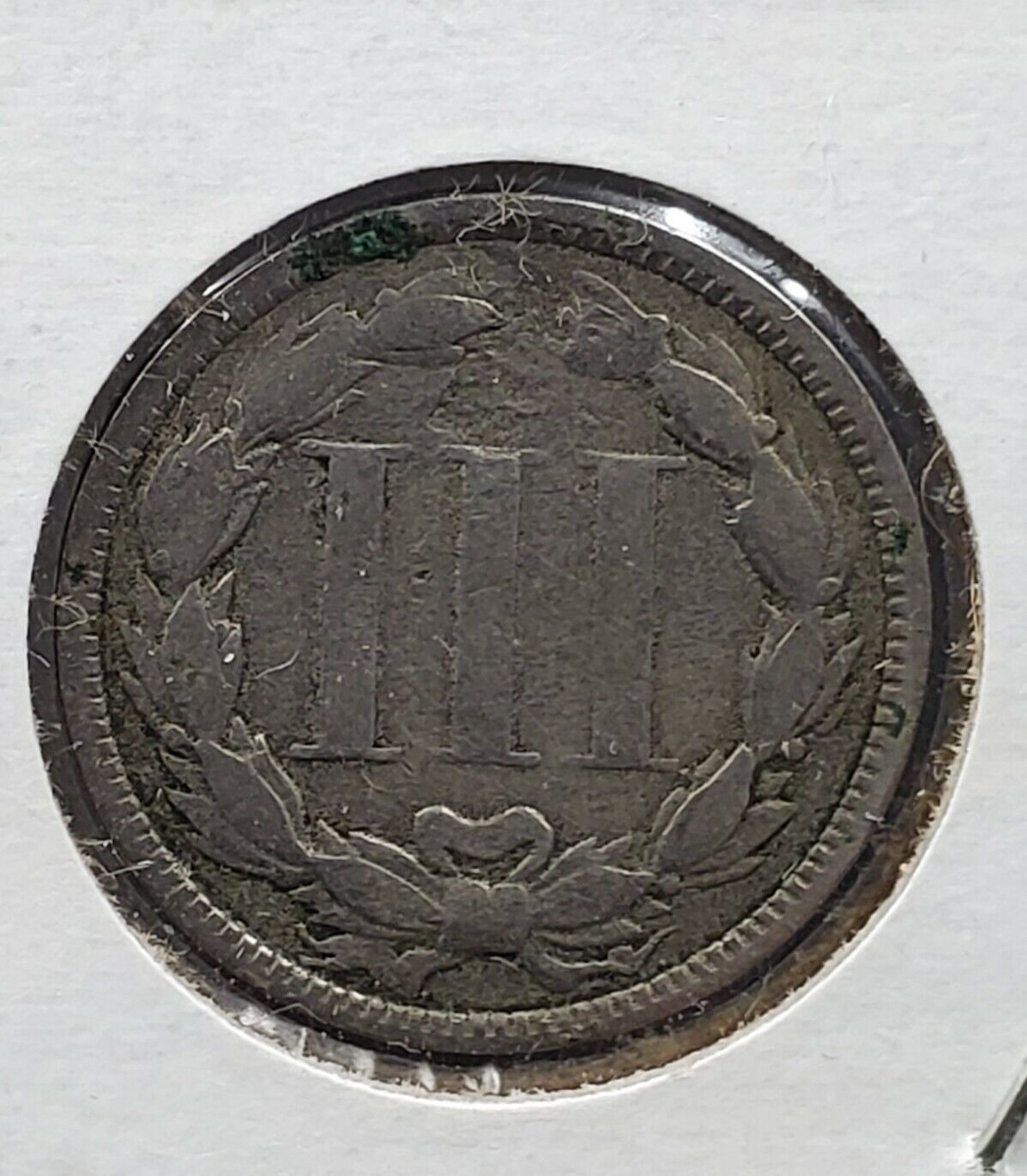 1870 P 3c Liberty Three Cent Nickel Coin Choice Fine Stuck Thru Grease Obverse