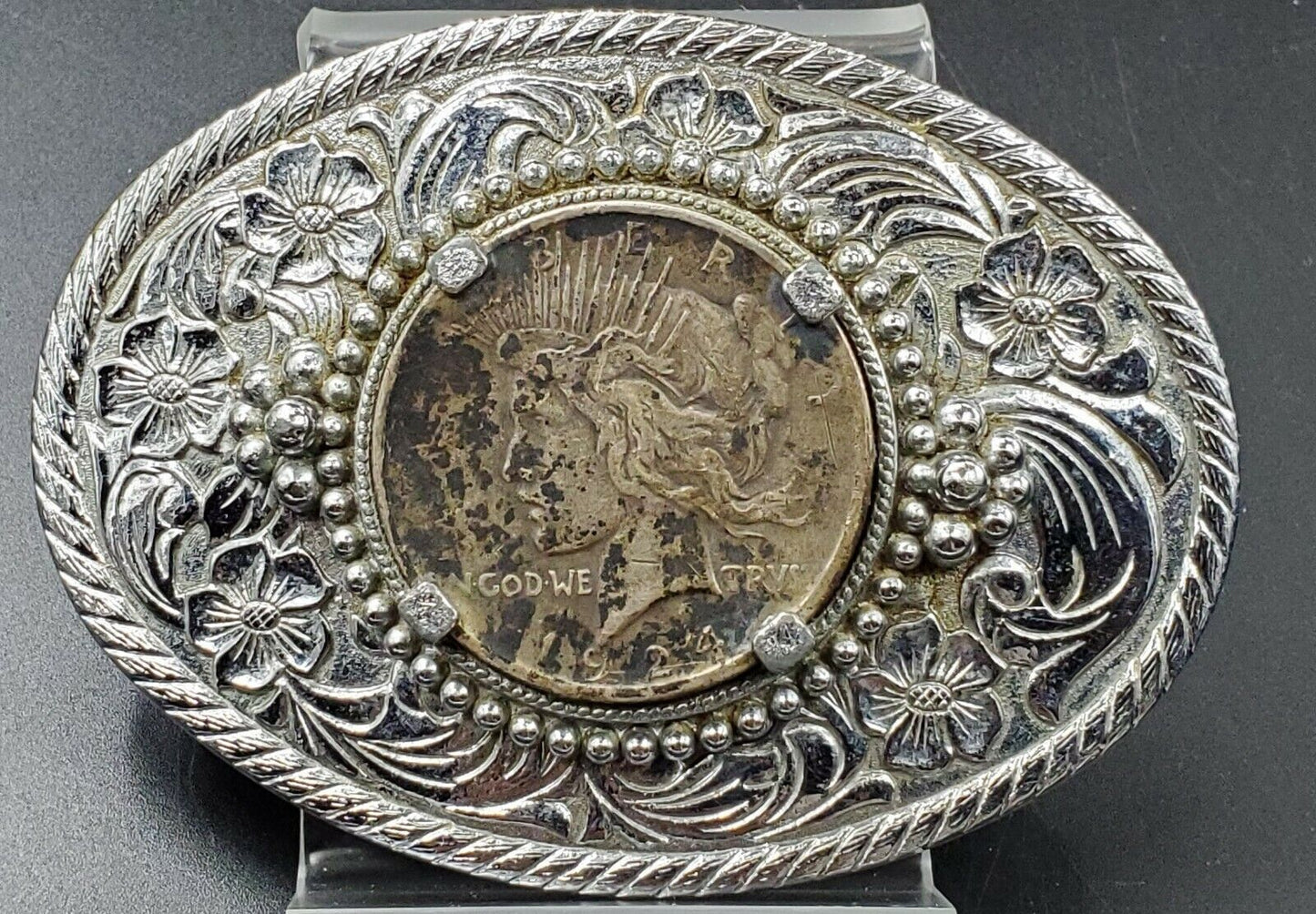 AUTHENTIC 1924 Peace SILVER DOLLAR COIN N BIG WHITE METAL BELT BUCKLE TEXAS Styl
