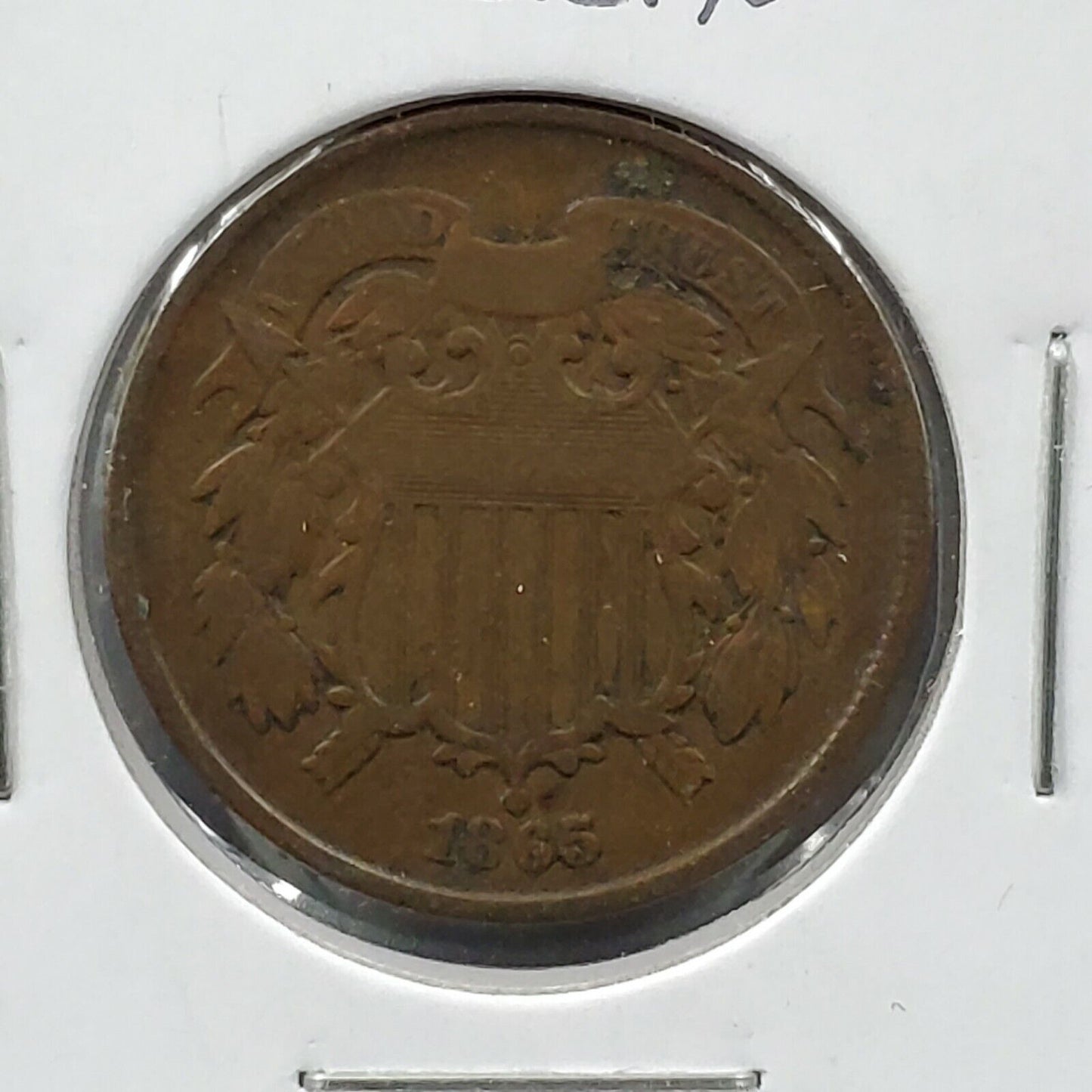 1865 2C Two Cent Copper Coin Piece Choice Fine / VF Circulated Large Motto