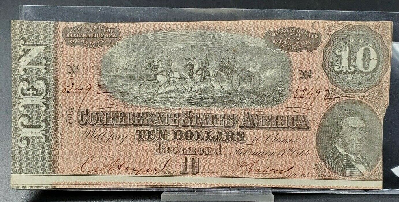 1864 Civil War Confederate States Currency $10 Note Ten Bill CUTTING CUT ERROR 2