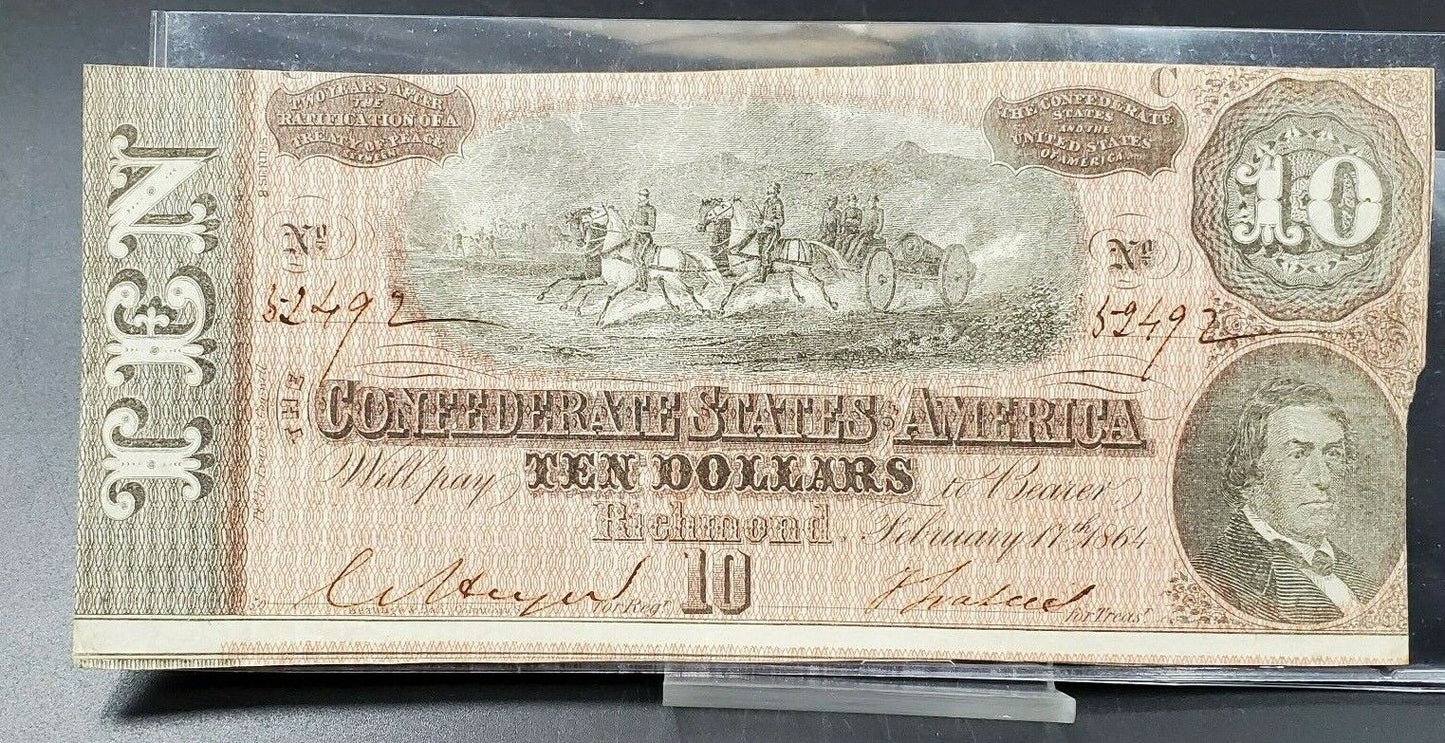 1864 Civil War Confederate States Currency $10 Note Ten Bill CUTTING CUT ERROR 2