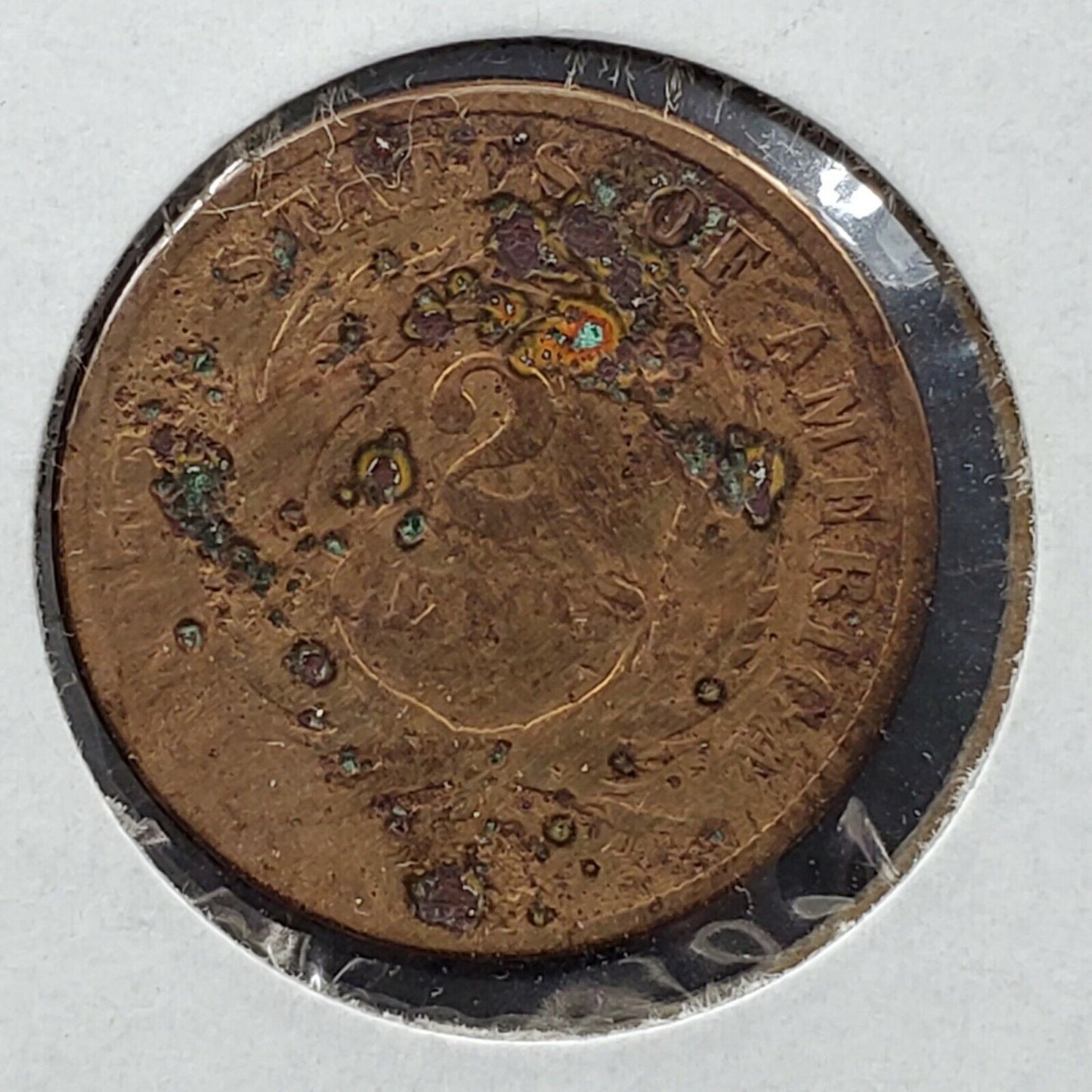 1865 2C Two Cent Copper Coin Piece AG DETAILS Funky ED Colors