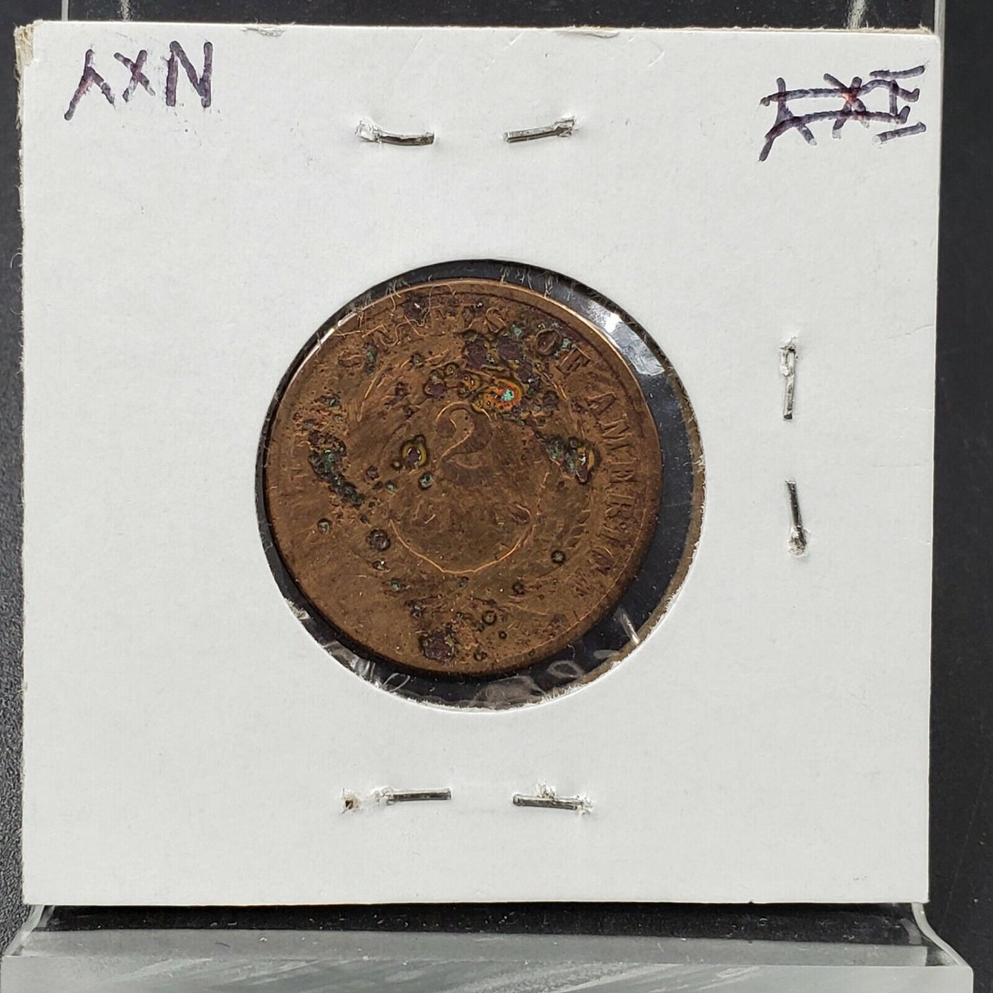 1865 2C Two Cent Copper Coin Piece AG DETAILS Funky ED Colors