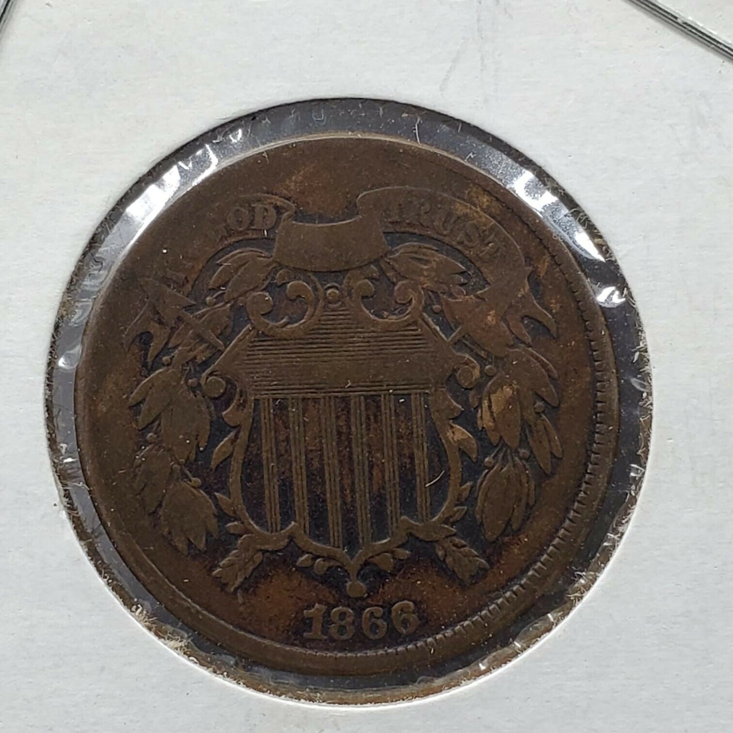 1866 2C Two Cent Copper Coin Piece Choice F Fine Circulated Nice