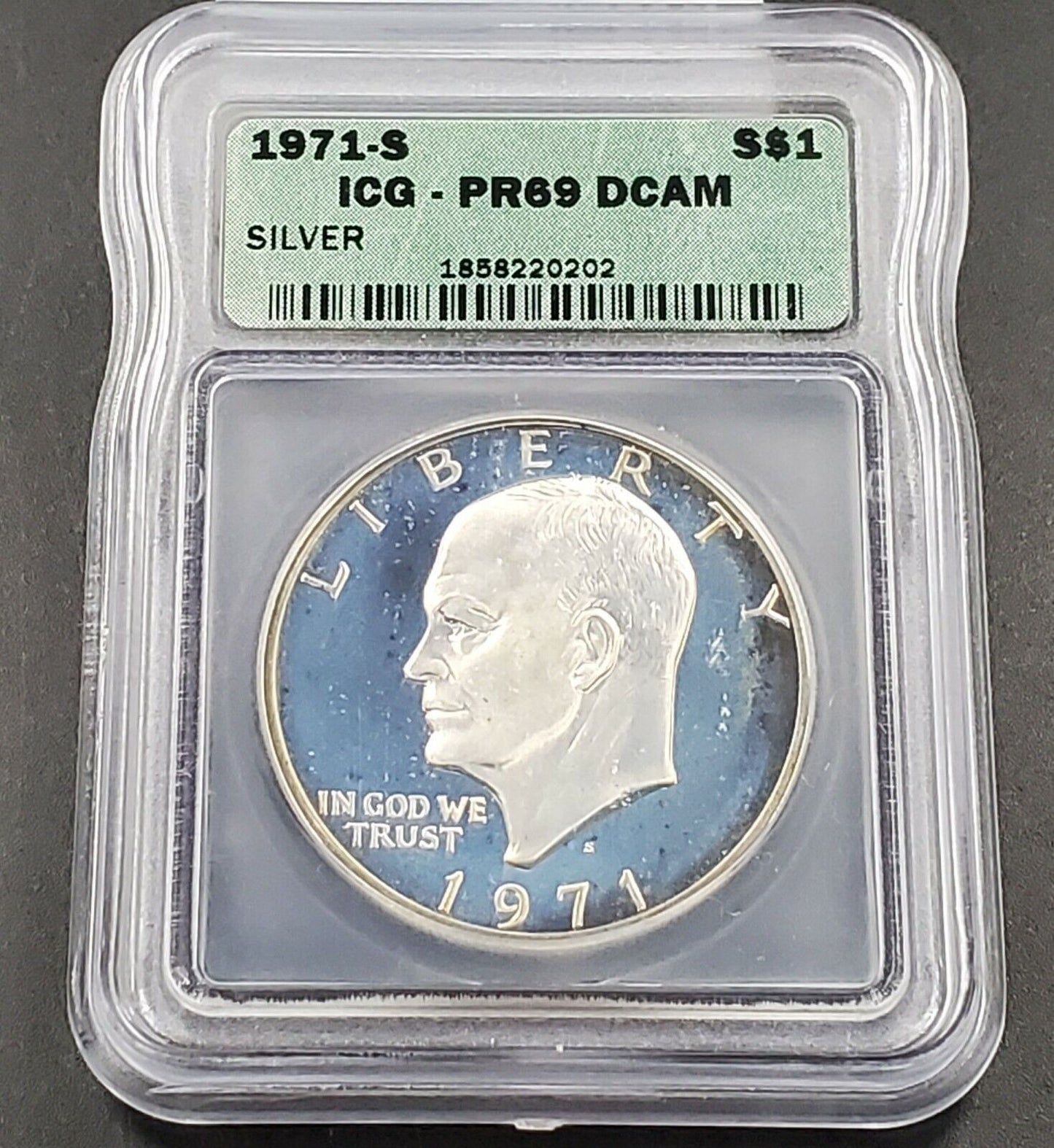 1971 S $1 Eisenhower Brown Ike 40% Silver PR69 DCAM ICG Nice Blue Toning Toner