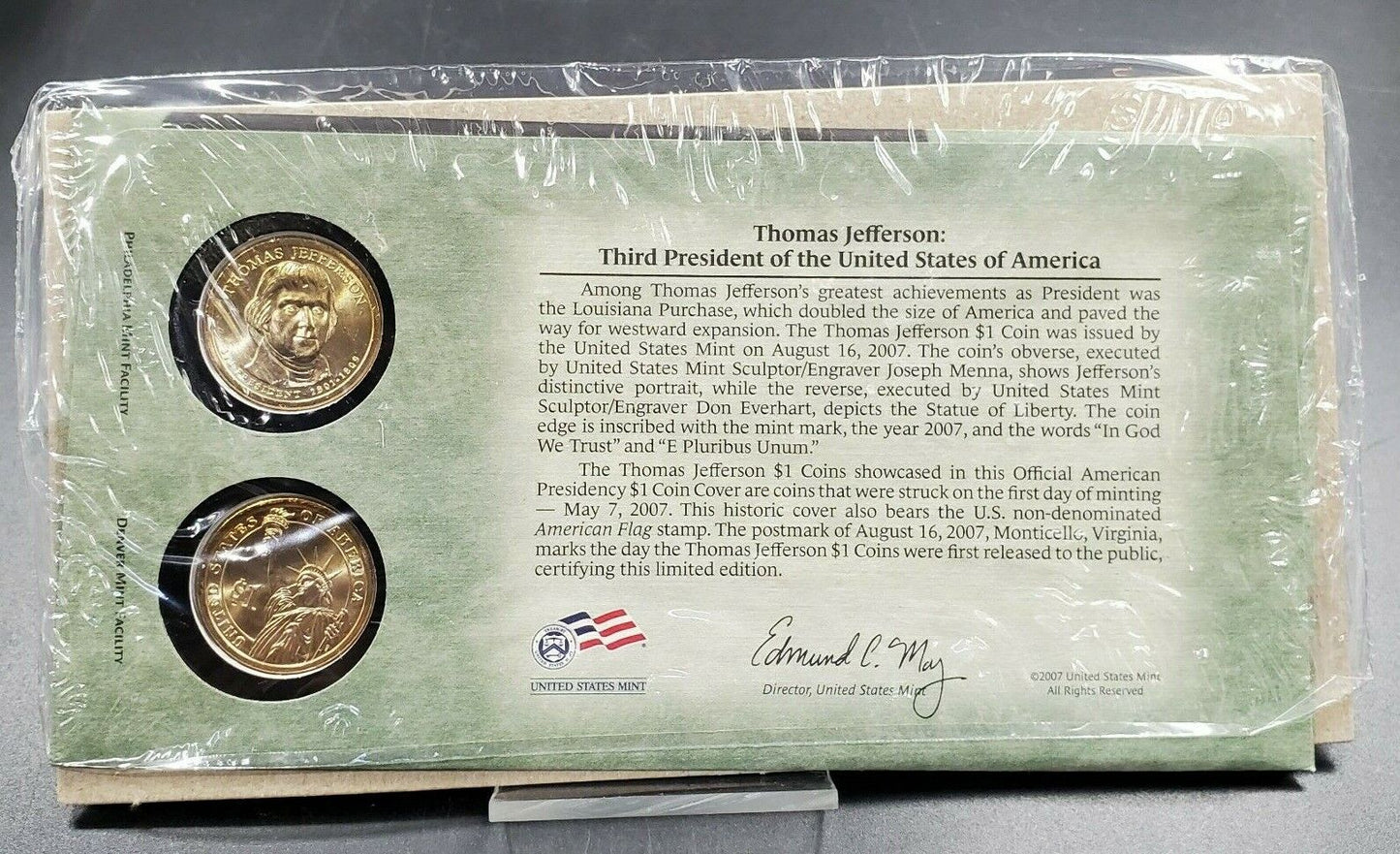 THOMAS JEFFERSON 2007 Presidential Dollar P & D 2 coin Set First Day OGP