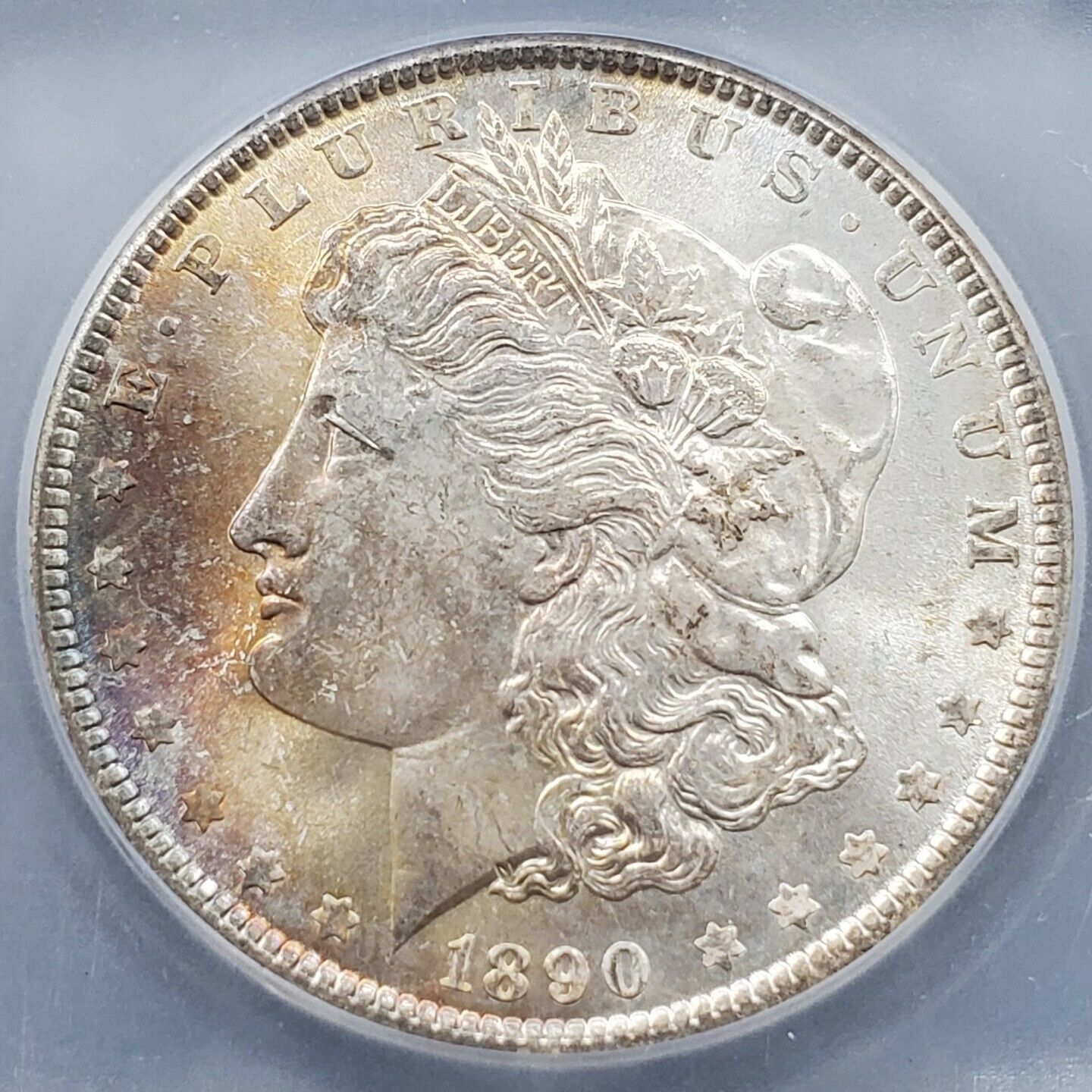 1890 P Morgan Silver Eagle Dollar Coin ICG MS65 Gem BU UNC Obverse Toner
