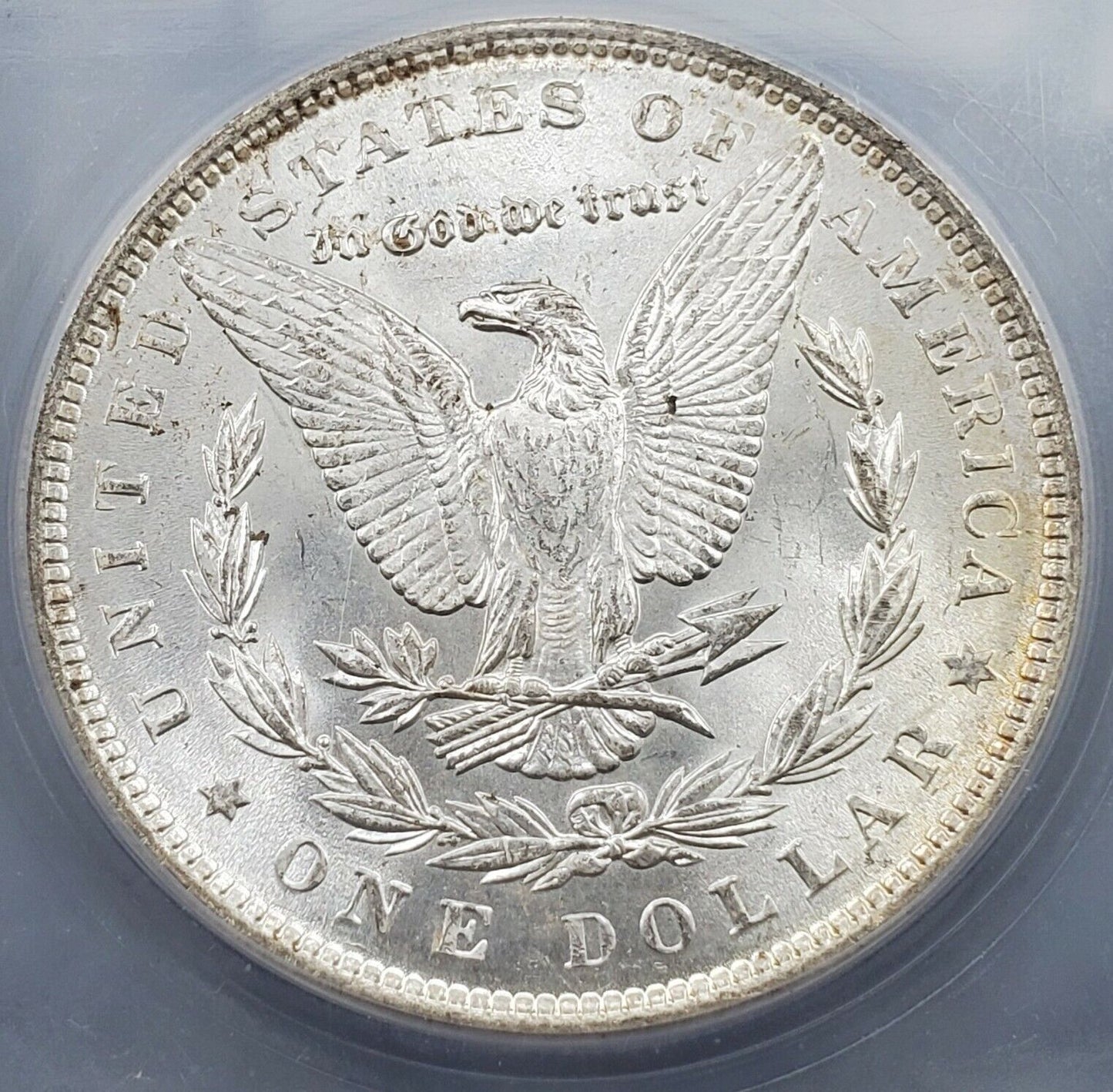 1890 P Morgan Silver Eagle Dollar Coin ICG MS65 Gem BU UNC Obverse Toner