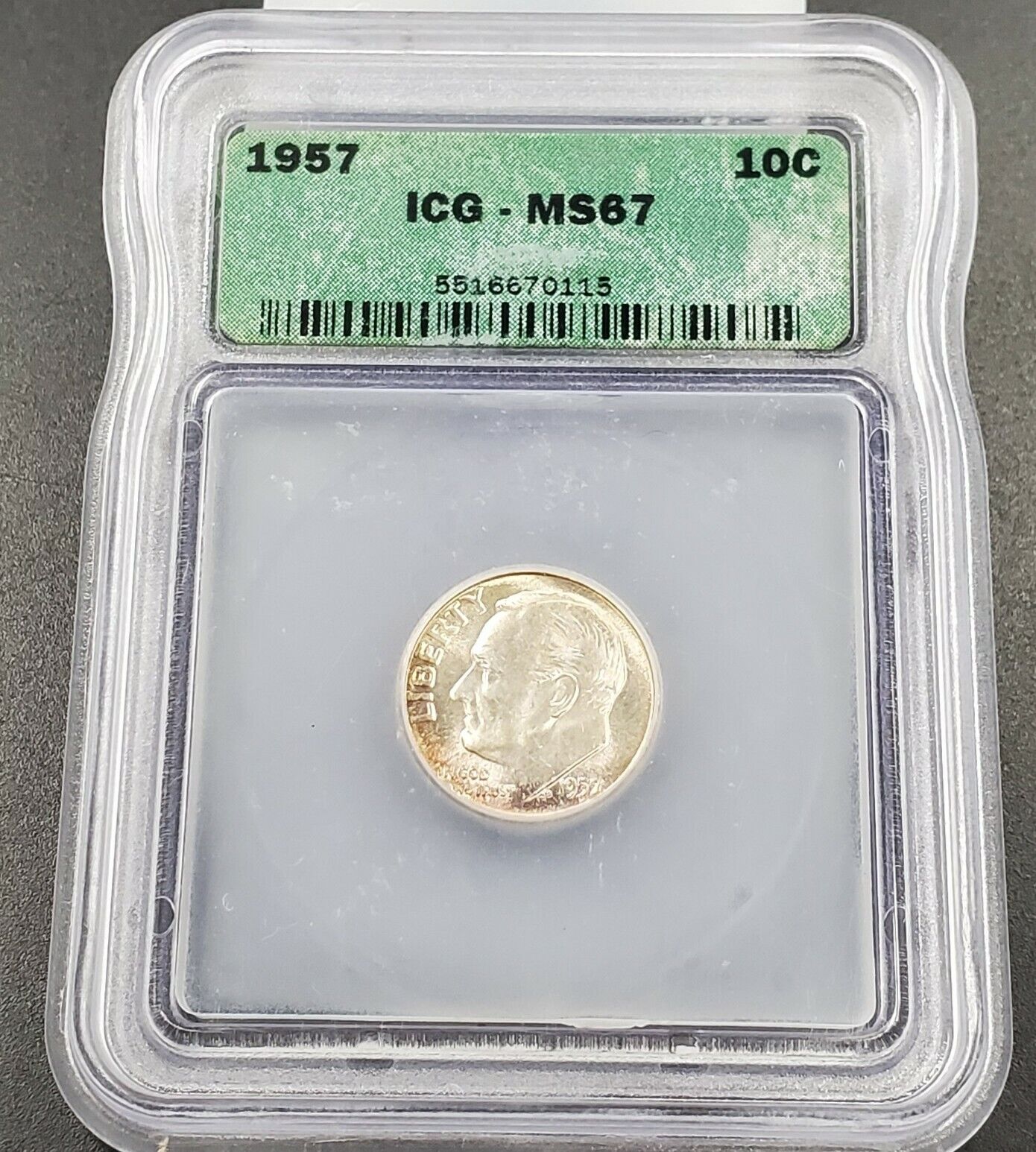 1957 P Roosevelt Silver Dime Coin Vintage ICG MS67 Gem BU NEAT Toner Toning