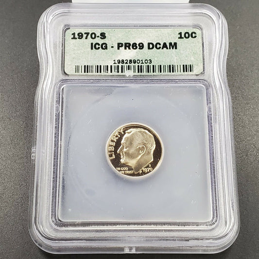 1970 S Roosevelt Clad Dime Proof Coin Vintage ICG PR69 DCAM Deep Cameo Gem